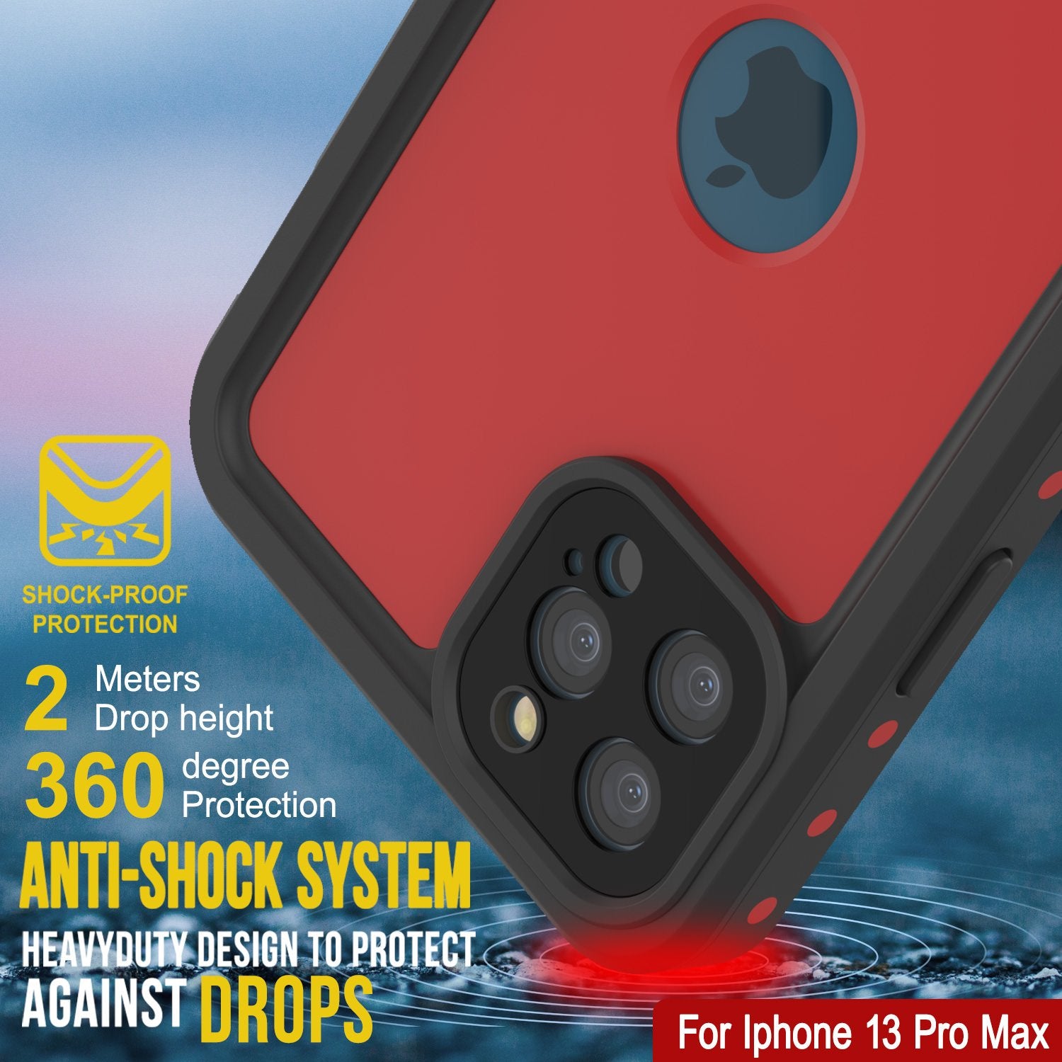 Capa à prova de água IP68 para iPhone 13 Pro Max, Punkcase [Vermelho] [Série StudStar] [Ajuste Slim]