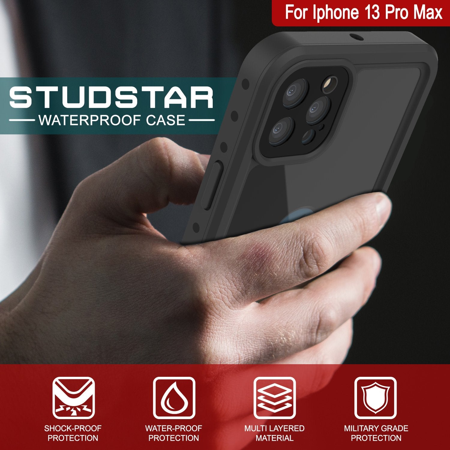 Capa à prova d'água IP68 para iPhone 13 Pro Max, Punkcase [Preto] [Série StudStar] [Ajuste fino]