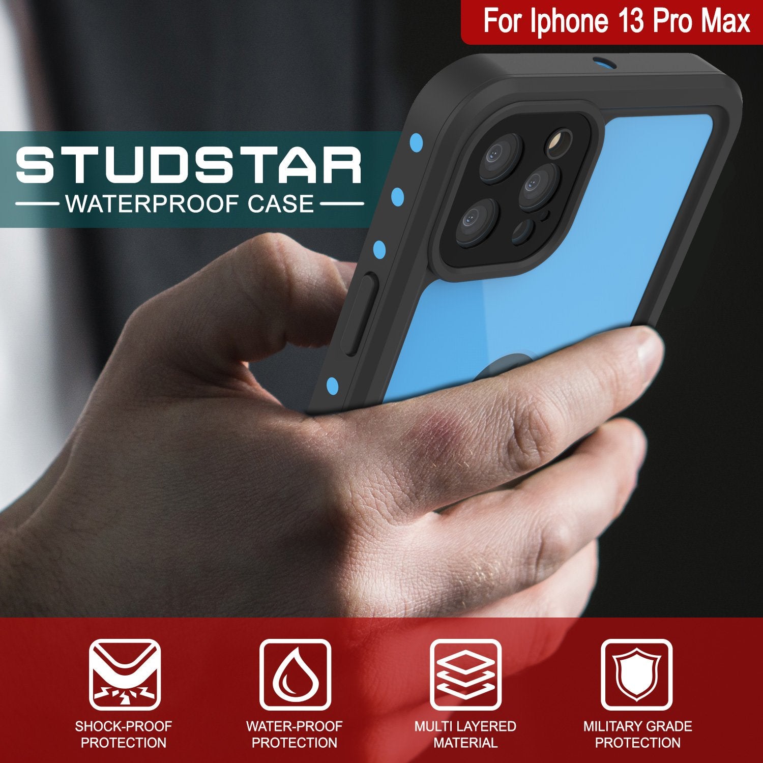 Capa à Prova d'Água IP68 para iPhone 13 Pro Max, Punkcase [Azul Claro] [Série StudStar] [Ajuste Fino] [À Prova de Sujeira]