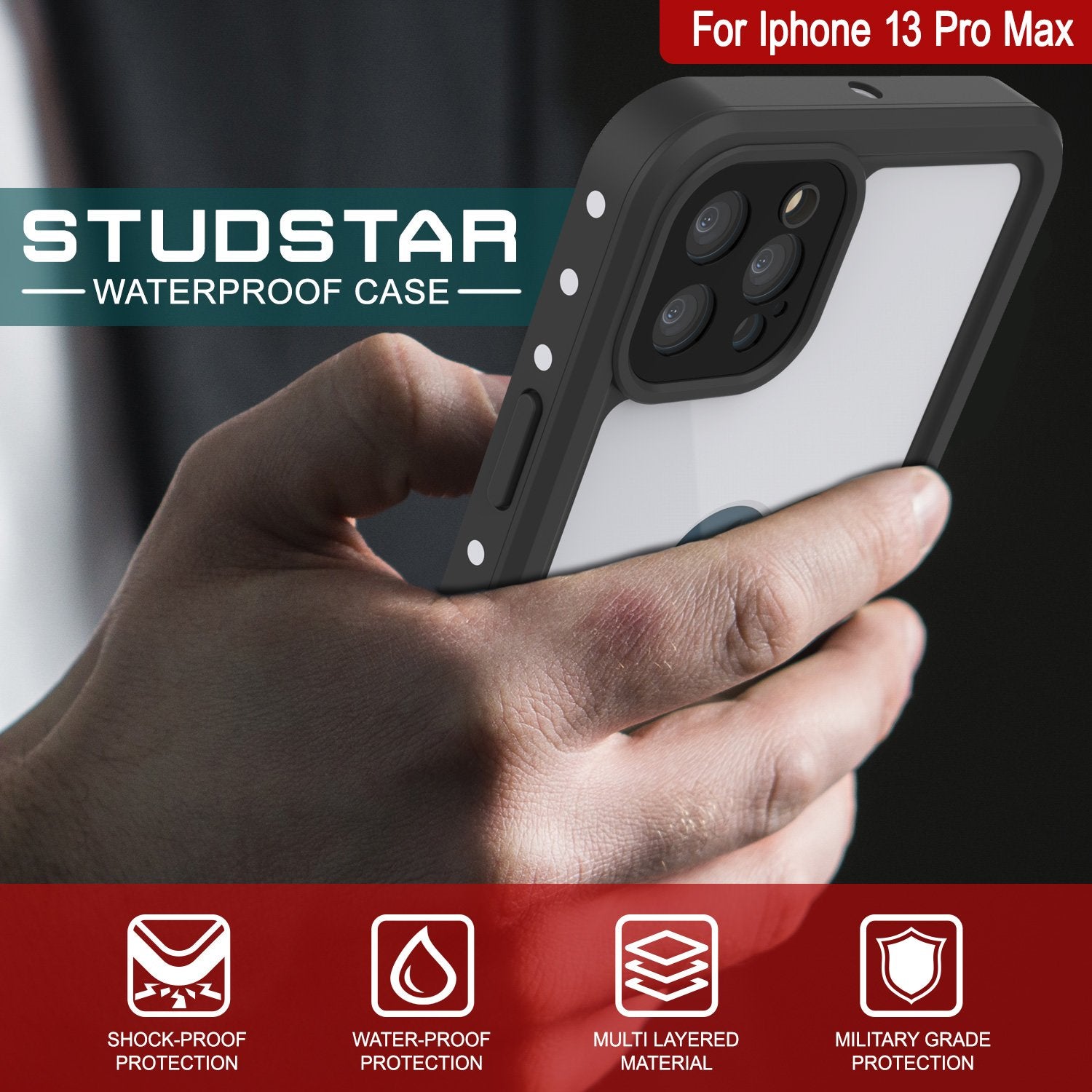 Capa à prova d'água IP68 para iPhone 13 Pro Max, Punkcase [Branco] [Série StudStar] [Ajuste fino] [À prova de sujeira]