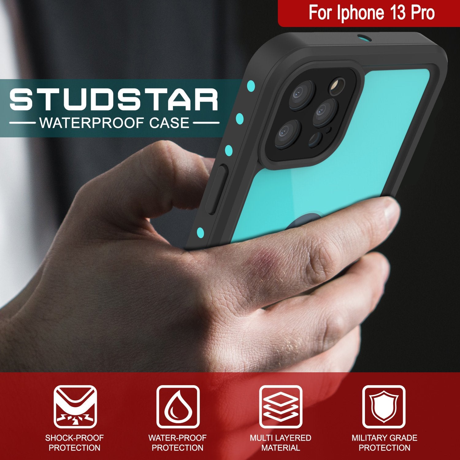 Capa à prova d'água IP68 para iPhone 13 Pro, Punkcase [Teal] [Série StudStar] [Slim Fit]