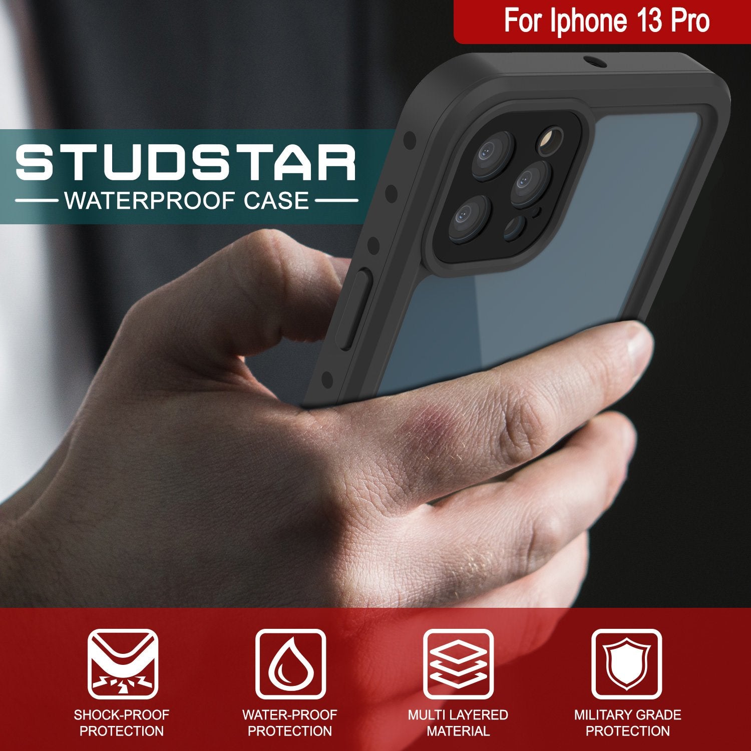 Capa à Prova d'Água IP68 para iPhone 13 Pro, Punkcase [Transparente] [Série StudStar] [Apto] [Prova de Sujeira]