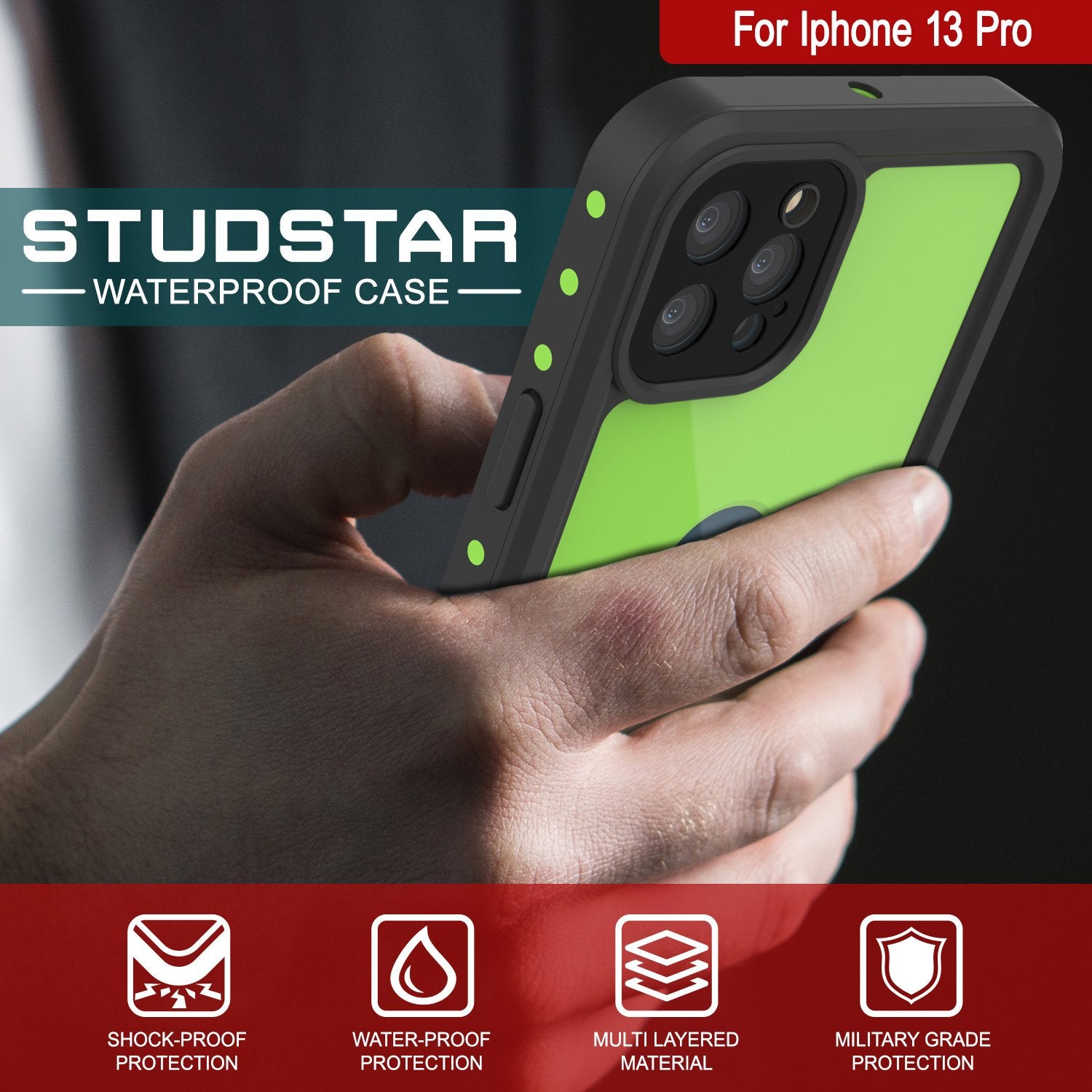 Capa à prova d'água IP68 para iPhone 13 Pro, Punkcase [Verde claro] [Série StudStar] [Slim Fit] [À prova de sujeira]