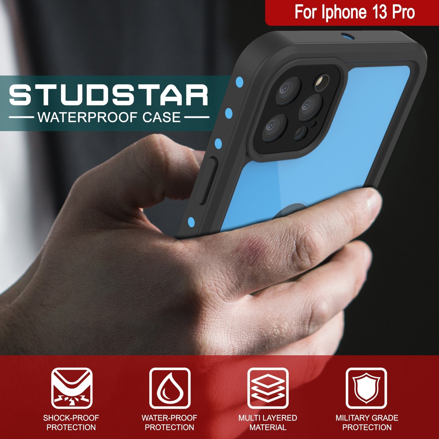 Capa iPhone 13 Pro à prova d'água IP68, Punkcase [Azul claro] [Série StudStar] [Ajuste fino] [À prova de sujeira]
