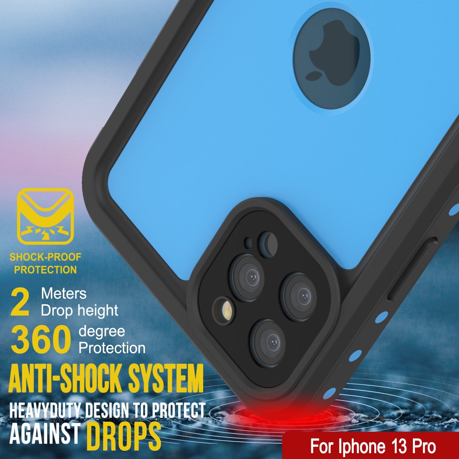 Capa iPhone 13 Pro à prova d'água IP68, Punkcase [Azul claro] [Série StudStar] [Ajuste fino] [À prova de sujeira]
