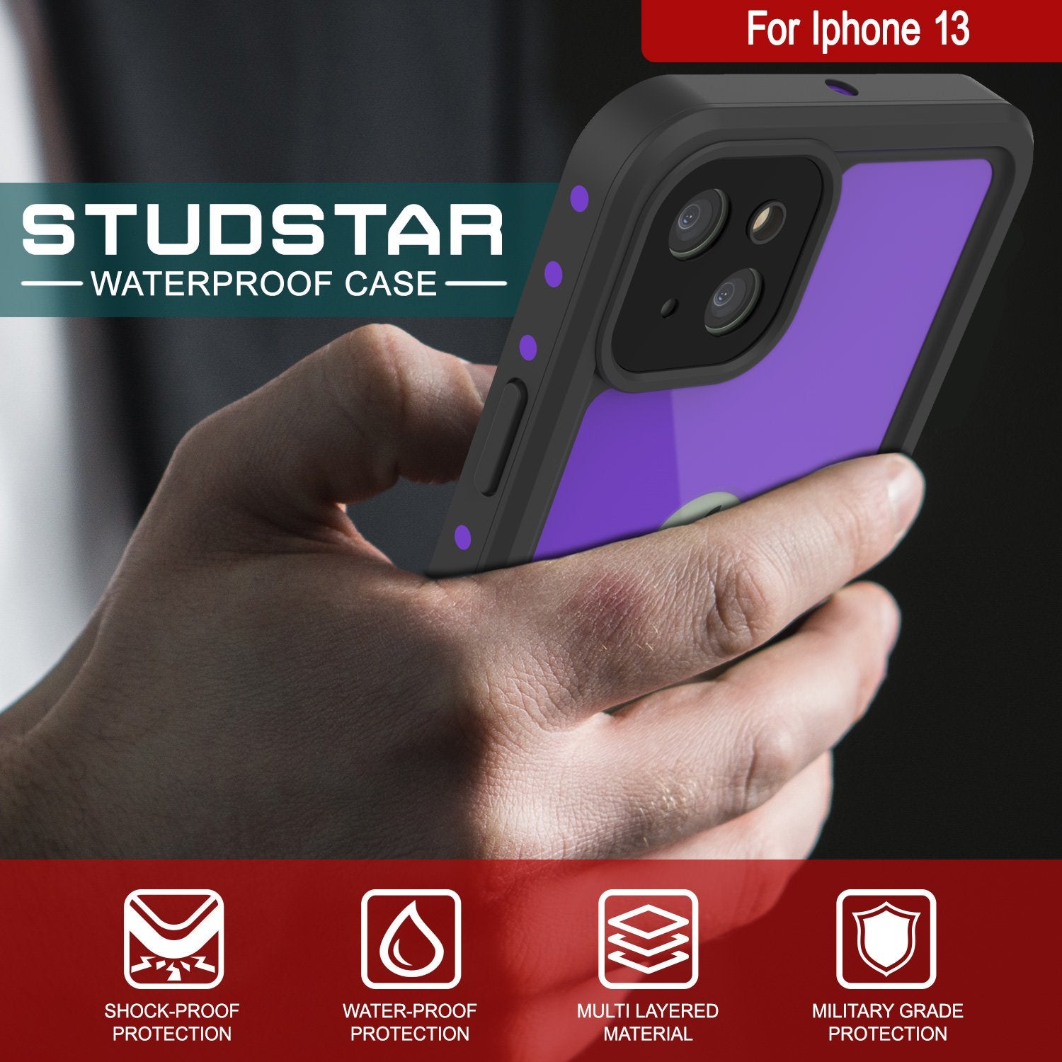 Capa à prova d'água IP68 para iPhone 13, Punkcase [Roxo] [Série StudStar] [Ajuste Slim] [À prova de sujeira]