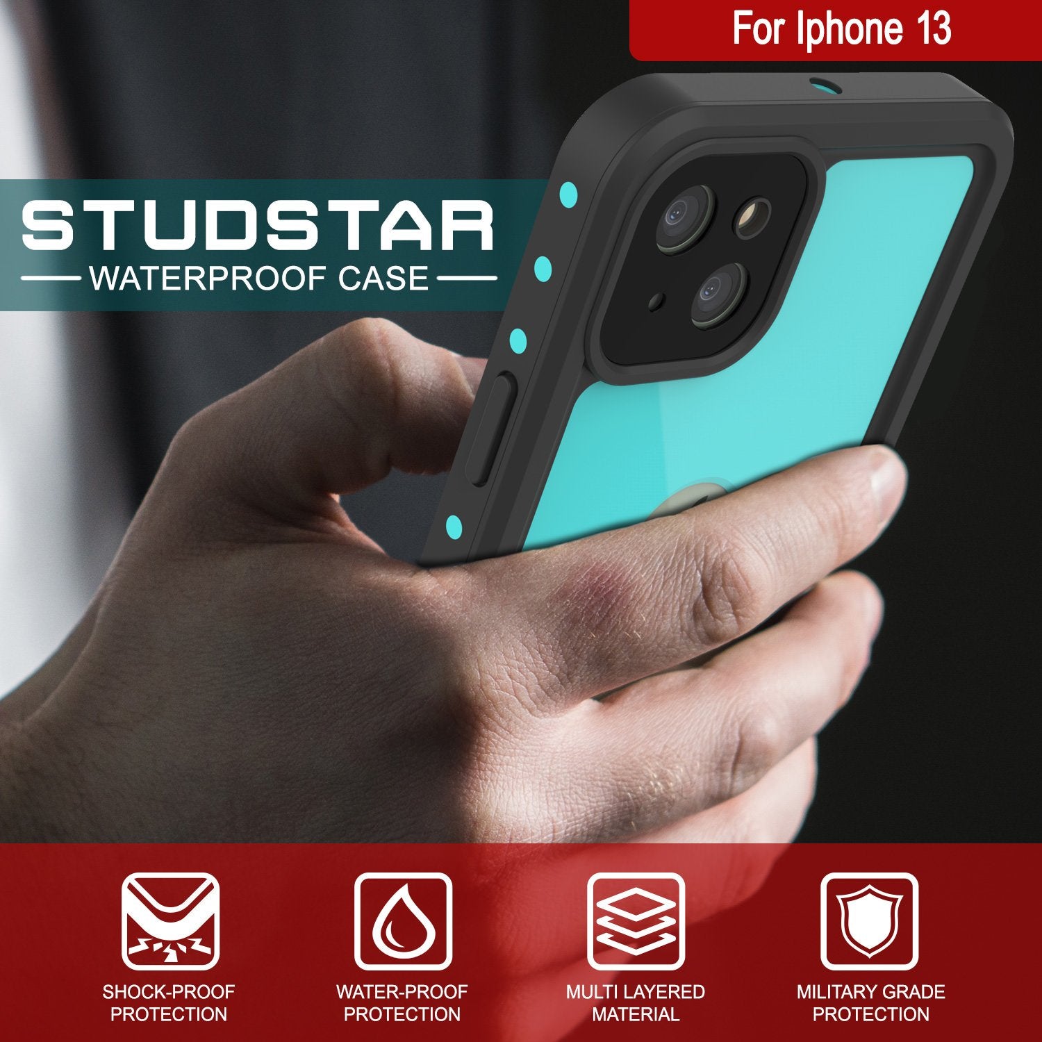 Capa à prova d'água IP68 para iPhone 13, Punkcase [Teal] [Série StudStar] [Modelo Slim Fit]