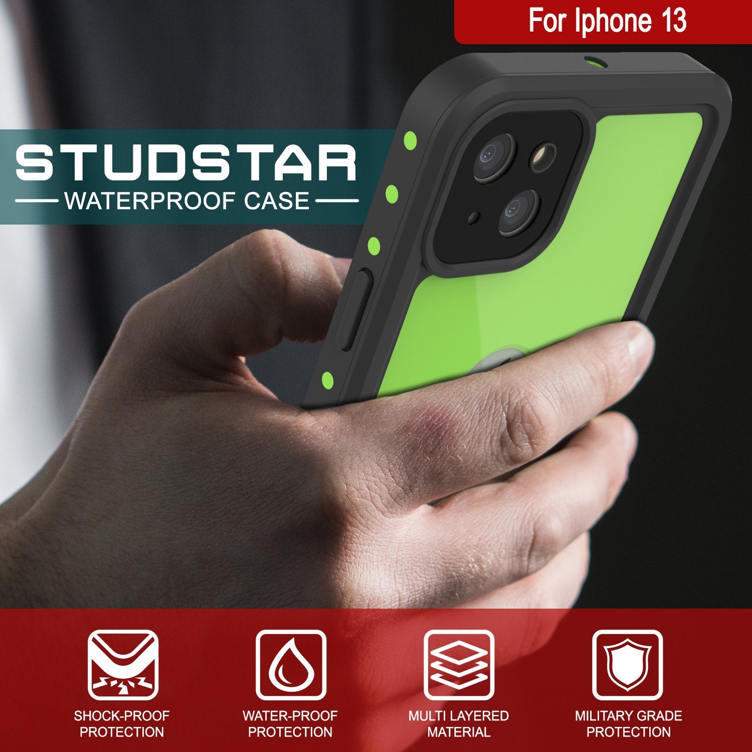 Capa à prova d'água IP68 para iPhone 13, Punkcase [Verde claro] [Série StudStar] [Ajuste Slim] [À prova de sujeira]