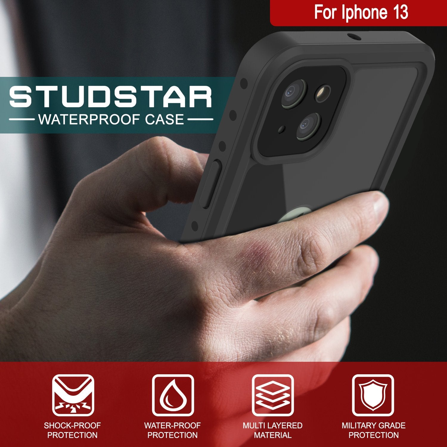 Capa à prova d'água IP68 para iPhone 13, Punkcase [Preto] [Série StudStar] [Ajuste Slim]