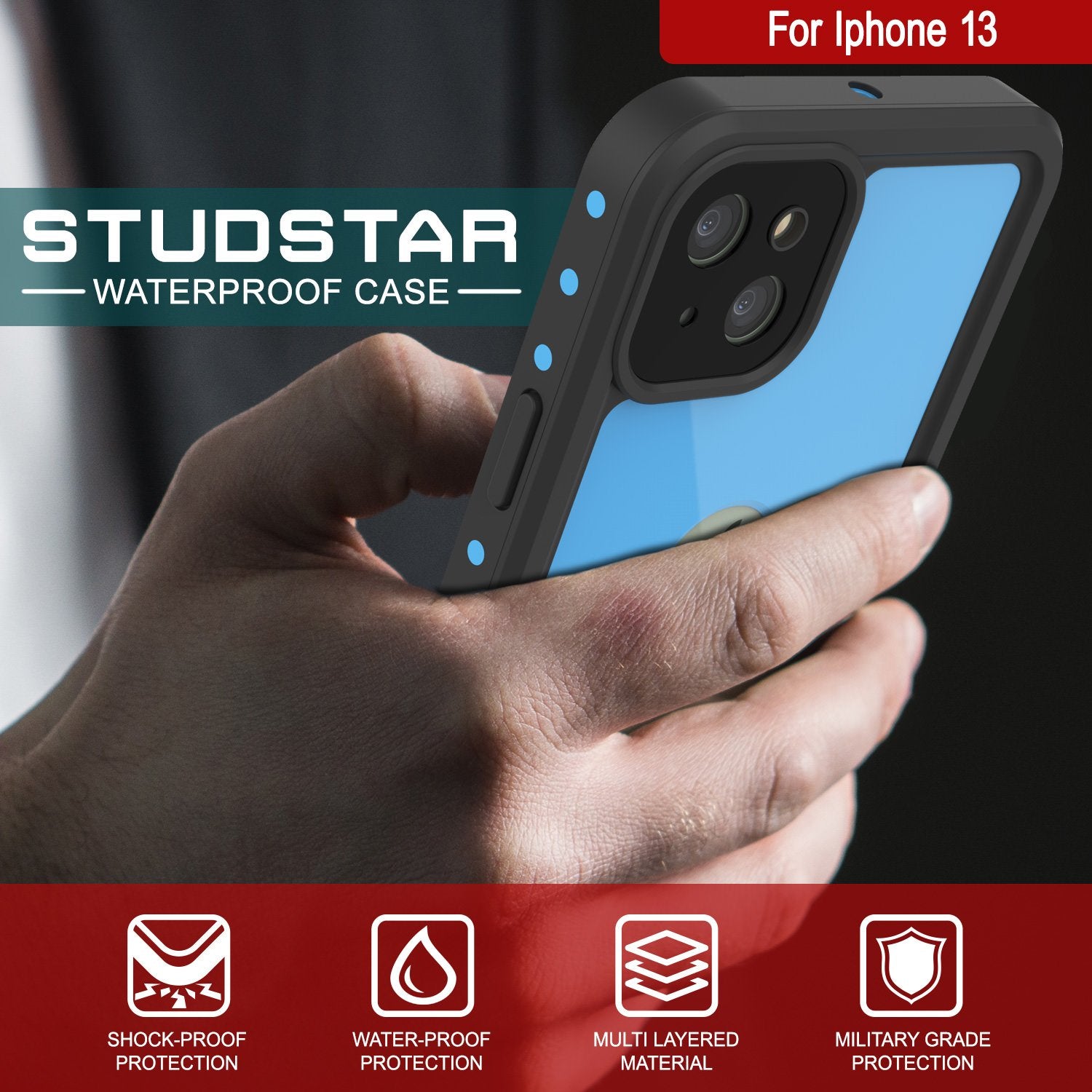 Capa à prova d'água IP68 para iPhone 13, Punkcase [Azul claro] [Série StudStar] [Ajuste fino] [Prova de sujeira]
