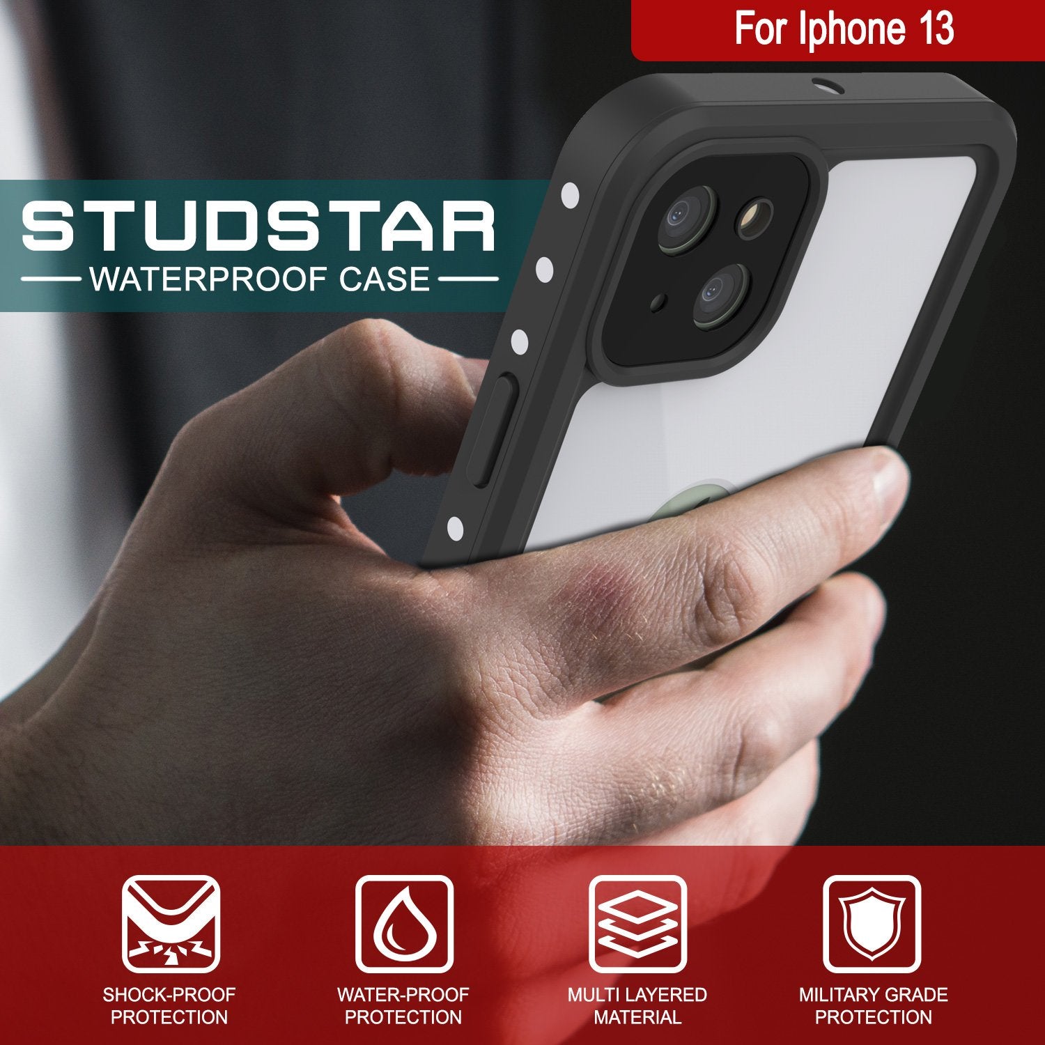 Capa à prova d'água IP68 para iPhone 13, Punkcase [Branco] [Série StudStar] [Ajuste Slim] [À prova de sujeira]