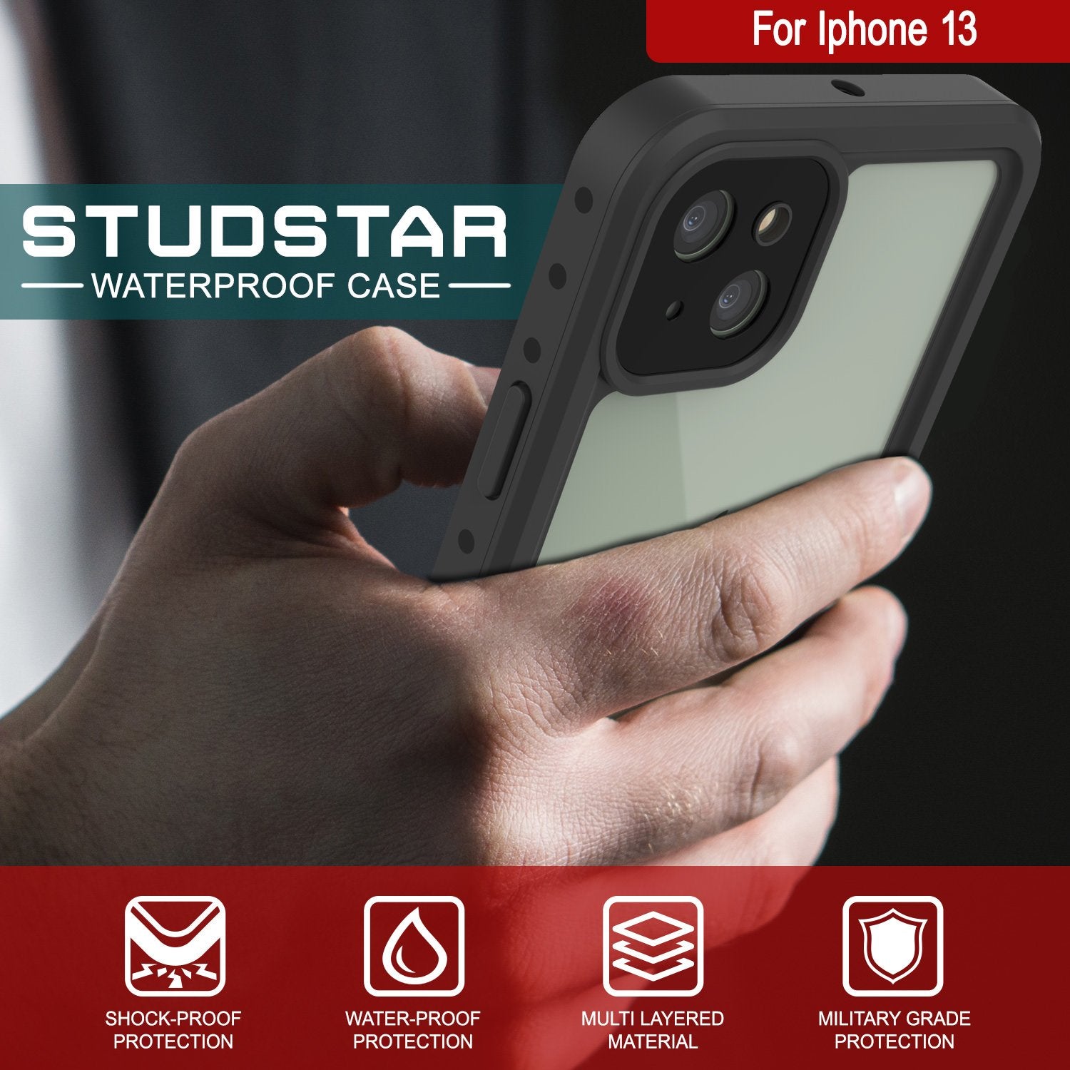 Capa iPhone 13 à prova d'água IP68, Punkcase [Transparente] [Série StudStar] [Ajuste Slim] [À prova de sujeira]