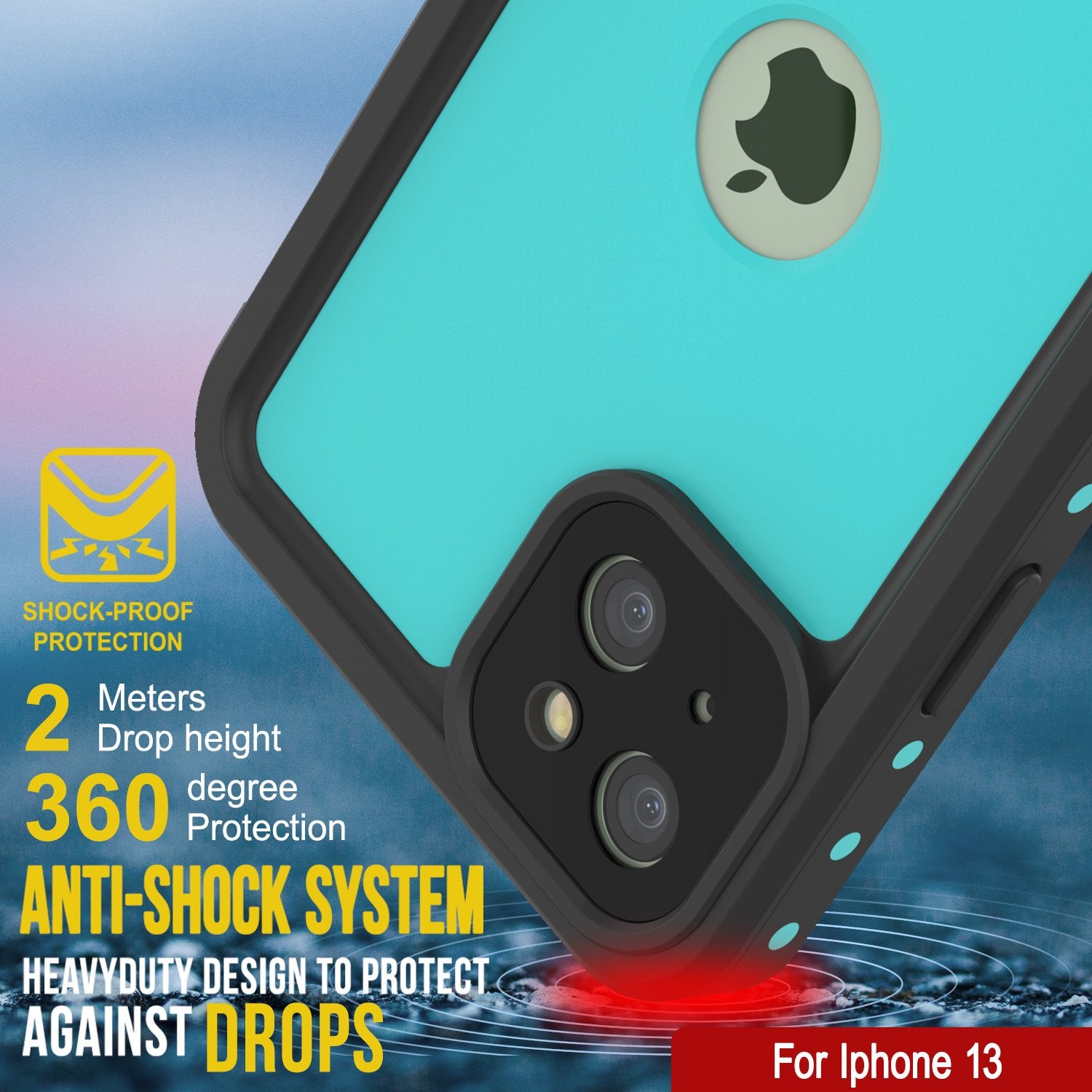 Capa à prova d'água IP68 para iPhone 13, Punkcase [Teal] [Série StudStar] [Modelo Slim Fit]