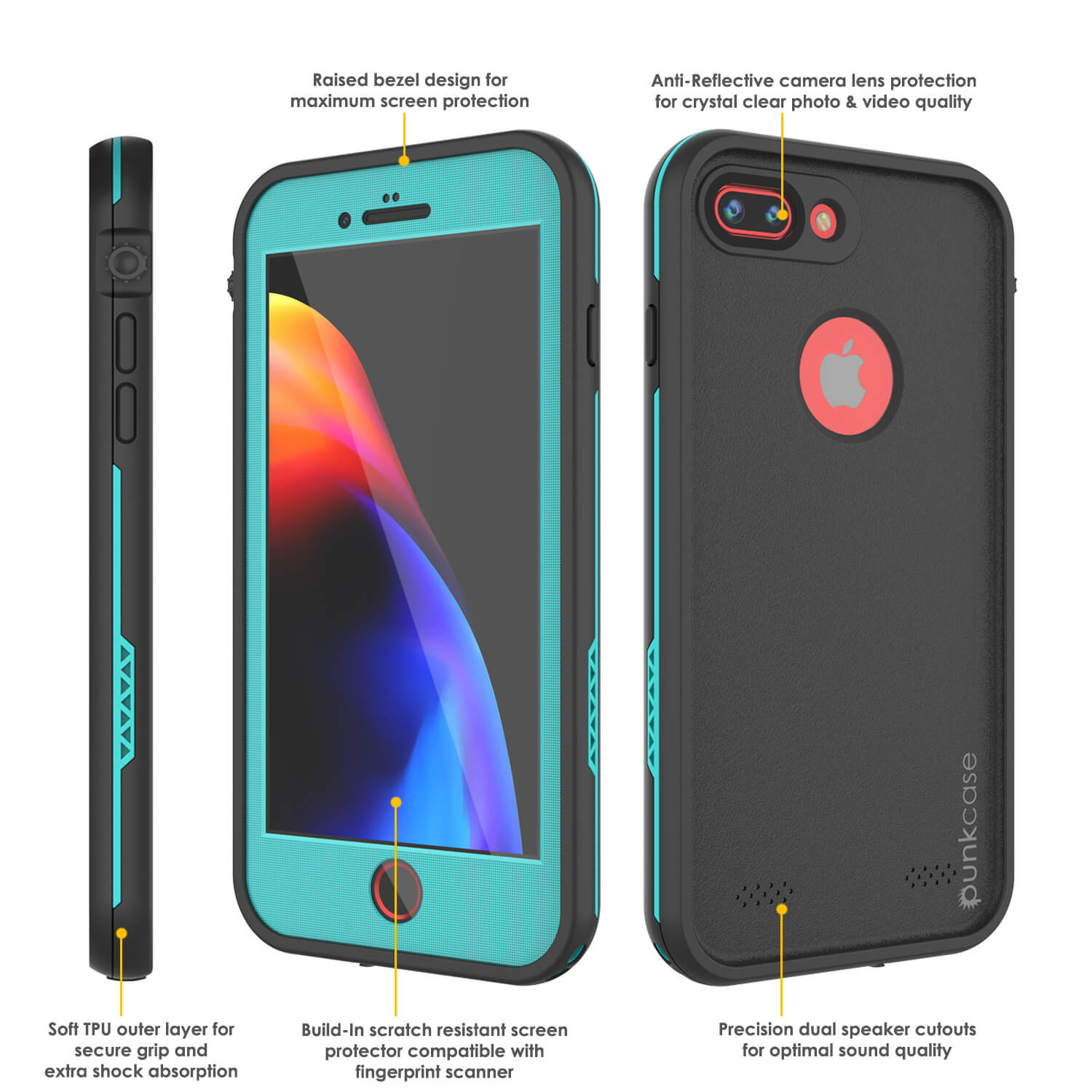 Capa à prova d'água para iPhone 7+ Plus, série Punkcase SpikeStar Teal | Ajuste fino subaquático de 6,6 pés IP68