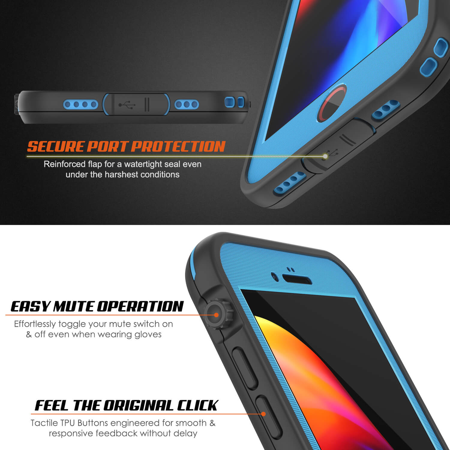 Capa à prova d'água para iPhone 7+ Plus, série SpikeStar Light-Blue da Punkcase | Ajuste fino subaquático IP68 de 6,6 pés