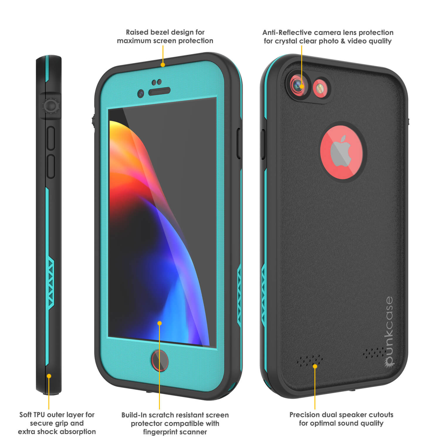 Capa à prova d'água para iPhone 7, série Punkcase SpikeStar Teal | Design fino para 6,6 pés debaixo d'água IP68