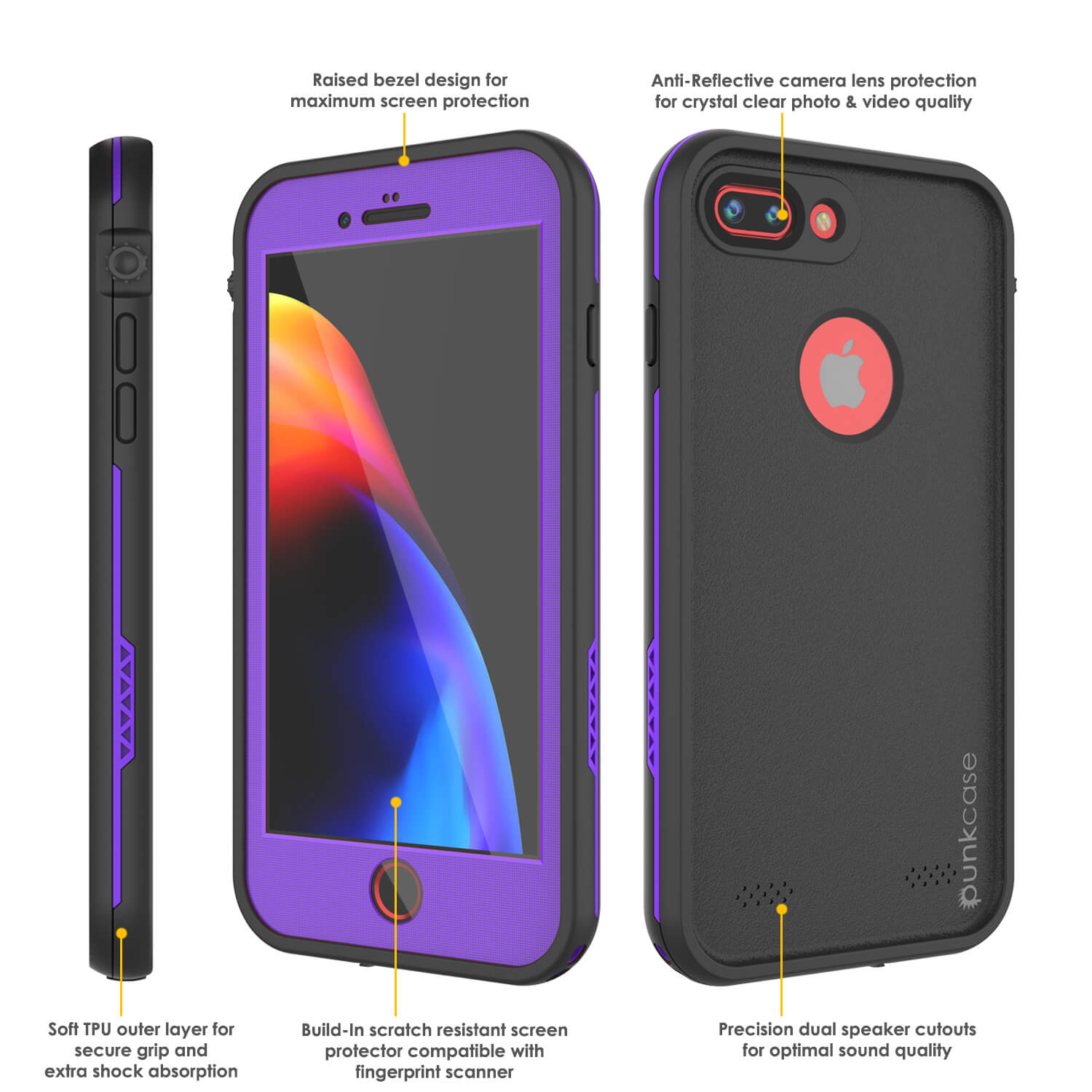 Capa à prova d'água para iPhone 8+ Plus, série roxa Punkcase SpikeStar | Ajuste fino para 6,6 pés embaixo d'água IP68