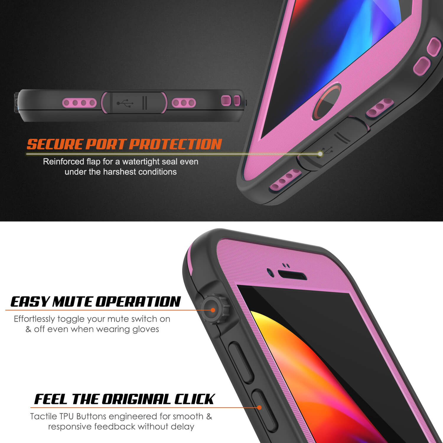 Capa à prova d'água iPhone 8+ Plus, Série Pink Punkcase SpikeStar | Ajuste fino de 6,6 pés subaquáticos IP68