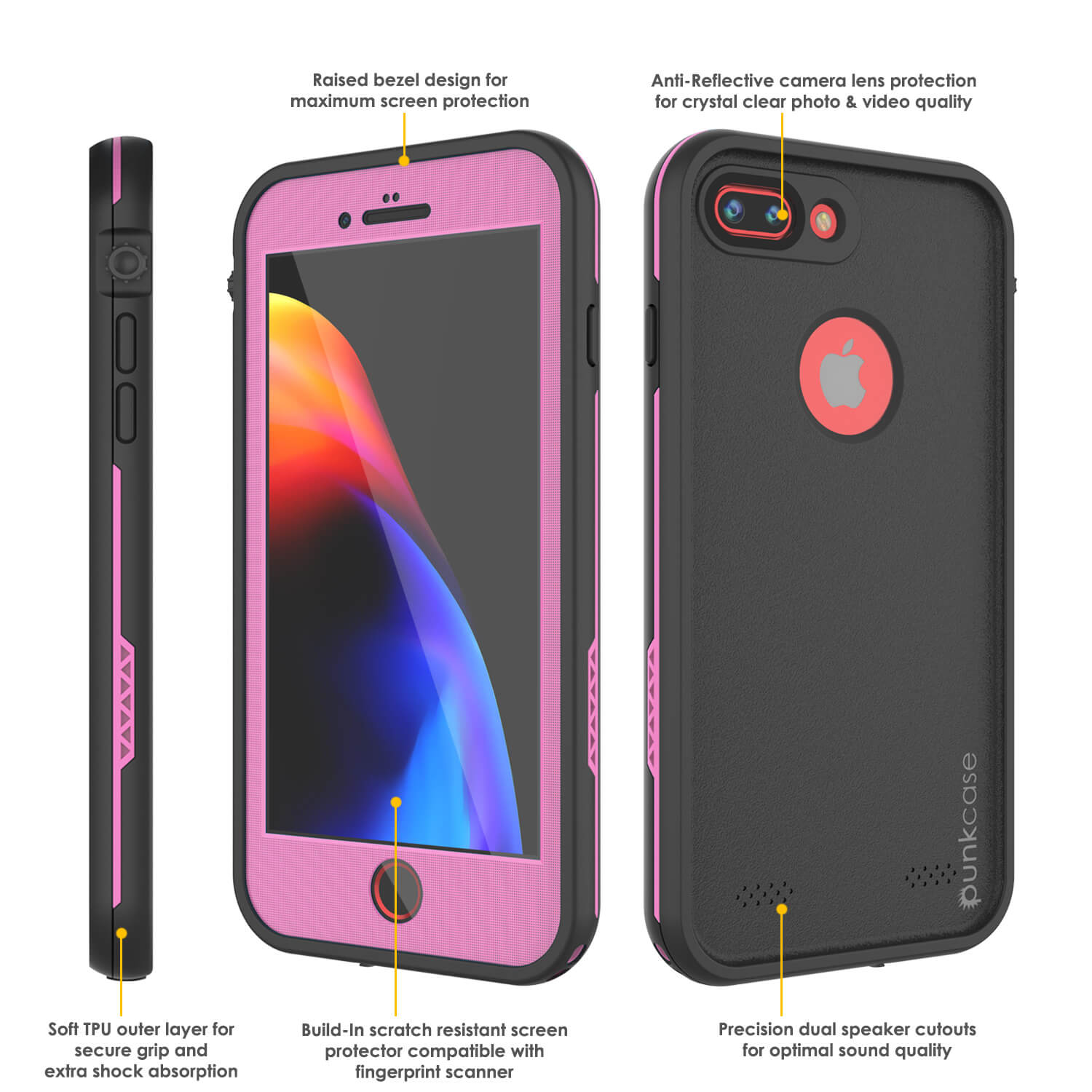 Capa à prova d'água iPhone 8+ Plus, Série Pink Punkcase SpikeStar | Ajuste fino de 6,6 pés subaquáticos IP68