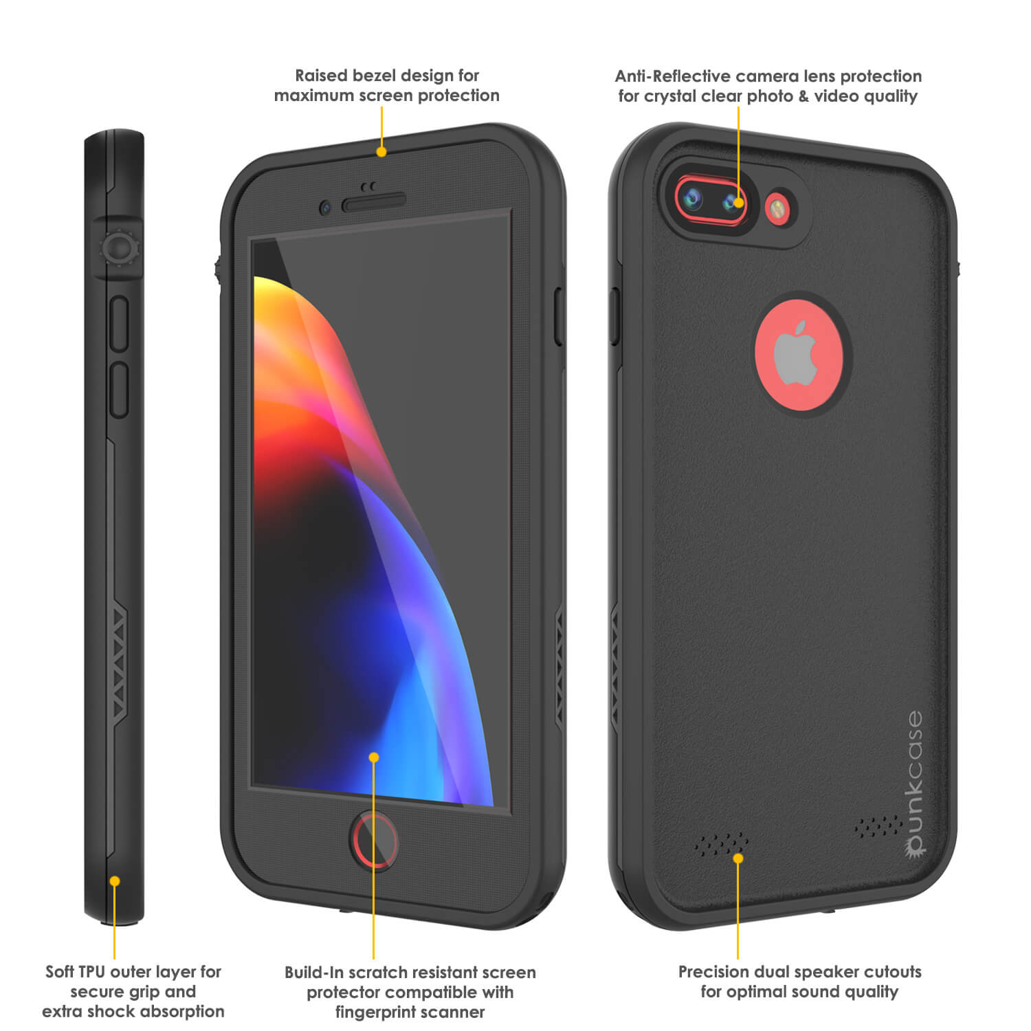 Capa à prova d'água iPhone 8+ Plus, série preta Punkcase SpikeStar | Ajuste fino 6,6 pés subaquático IP68