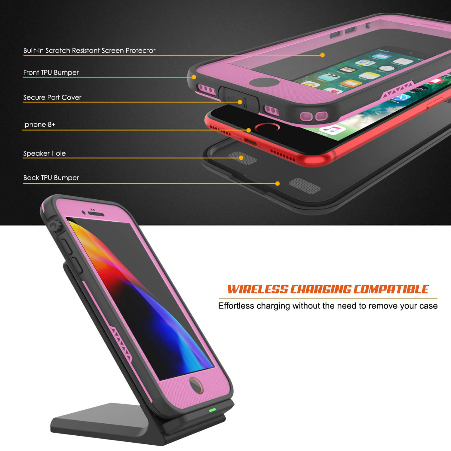 Capa à prova d'água iPhone 8+ Plus, Série Pink Punkcase SpikeStar | Ajuste fino de 6,6 pés subaquáticos IP68