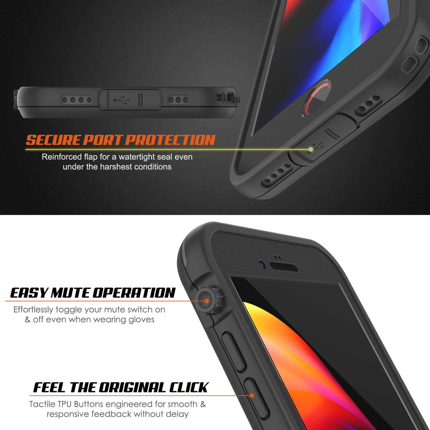 Capa à prova d'água iPhone 8+ Plus, série preta Punkcase SpikeStar | Ajuste fino 6,6 pés subaquático IP68