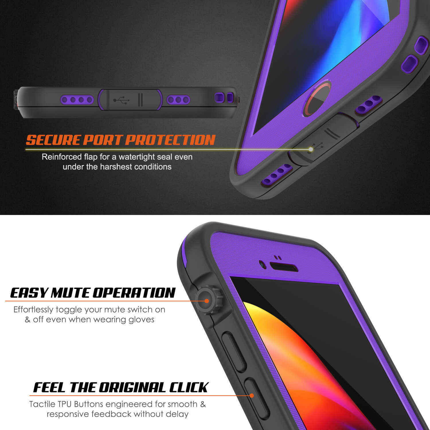 Capa à prova d'água para iPhone 8+ Plus, série roxa Punkcase SpikeStar | Ajuste fino para 6,6 pés embaixo d'água IP68