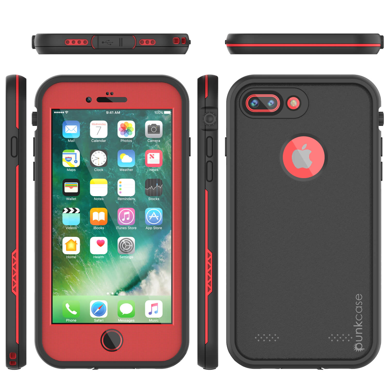 Capa à prova d'água para iPhone 8+ Plus, série Punkcase SpikeStar Red | Ajuste fino subaquático de 6,6 pés IP68