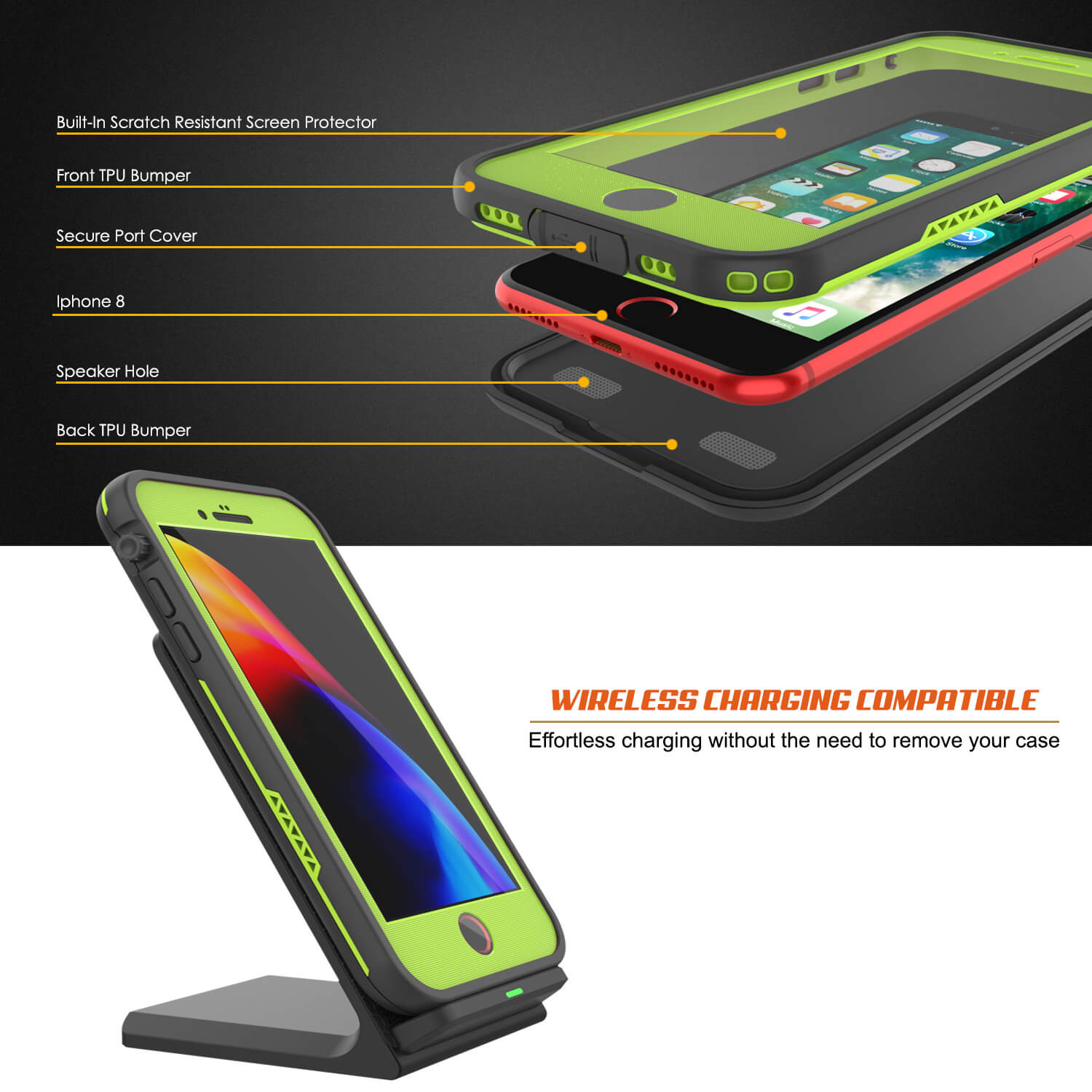 Capa à prova d'água para iPhone 8, série Punkcase SpikeStar Light-Green | Ajuste fino para até 6,6 pés debaixo d'água IP68