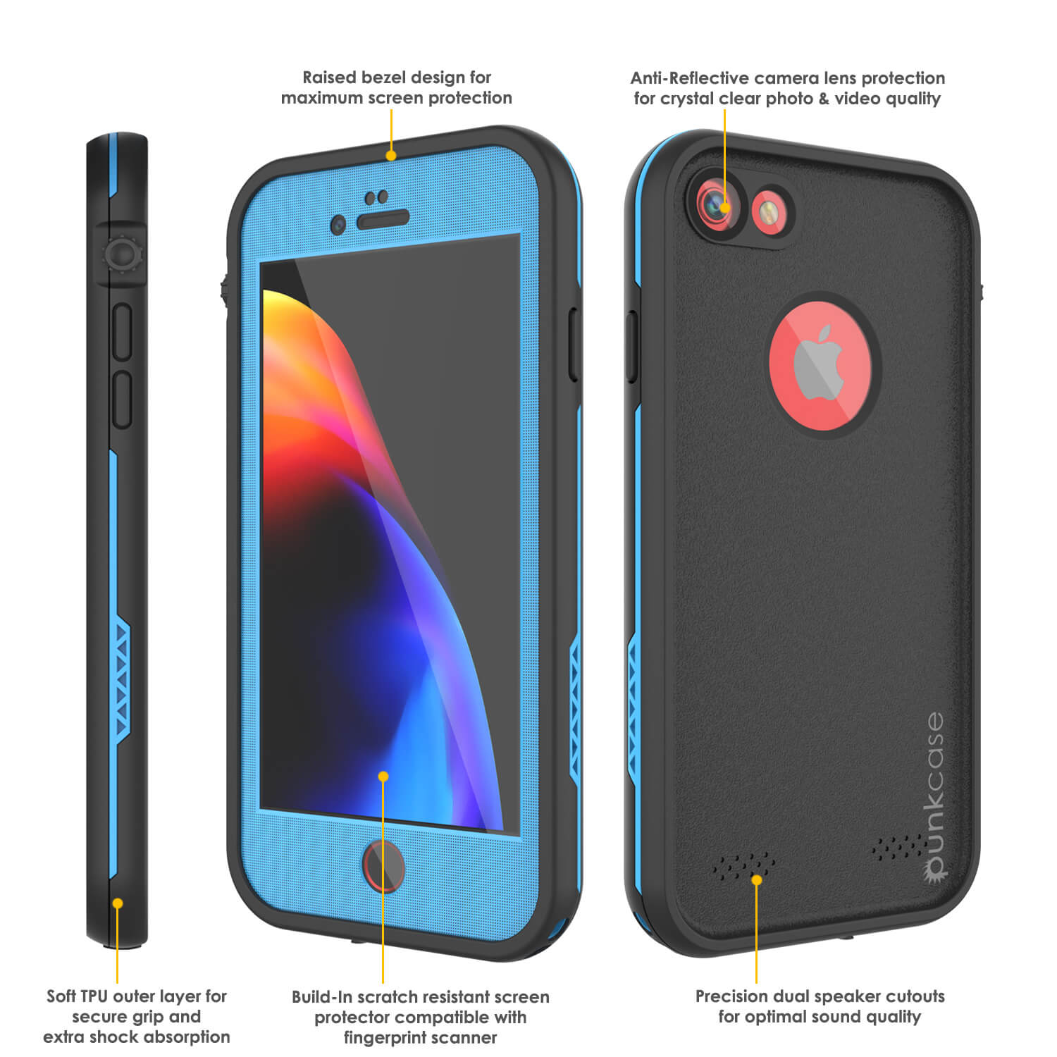 Capa à prova d'água para iPhone 8, série Punkcase SpikeStar na cor azul claro | Ajuste fino subaquático IP68 de 6,6ft