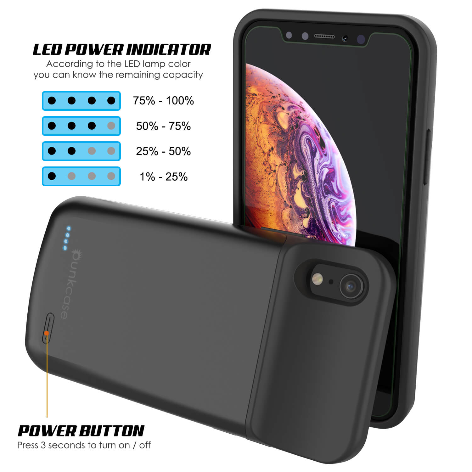 Capa de bateria para iPhone XR, PunkJuice 5000mAH Power Bank de Carregamento Rápido com Protetor de Tela | [Preto]