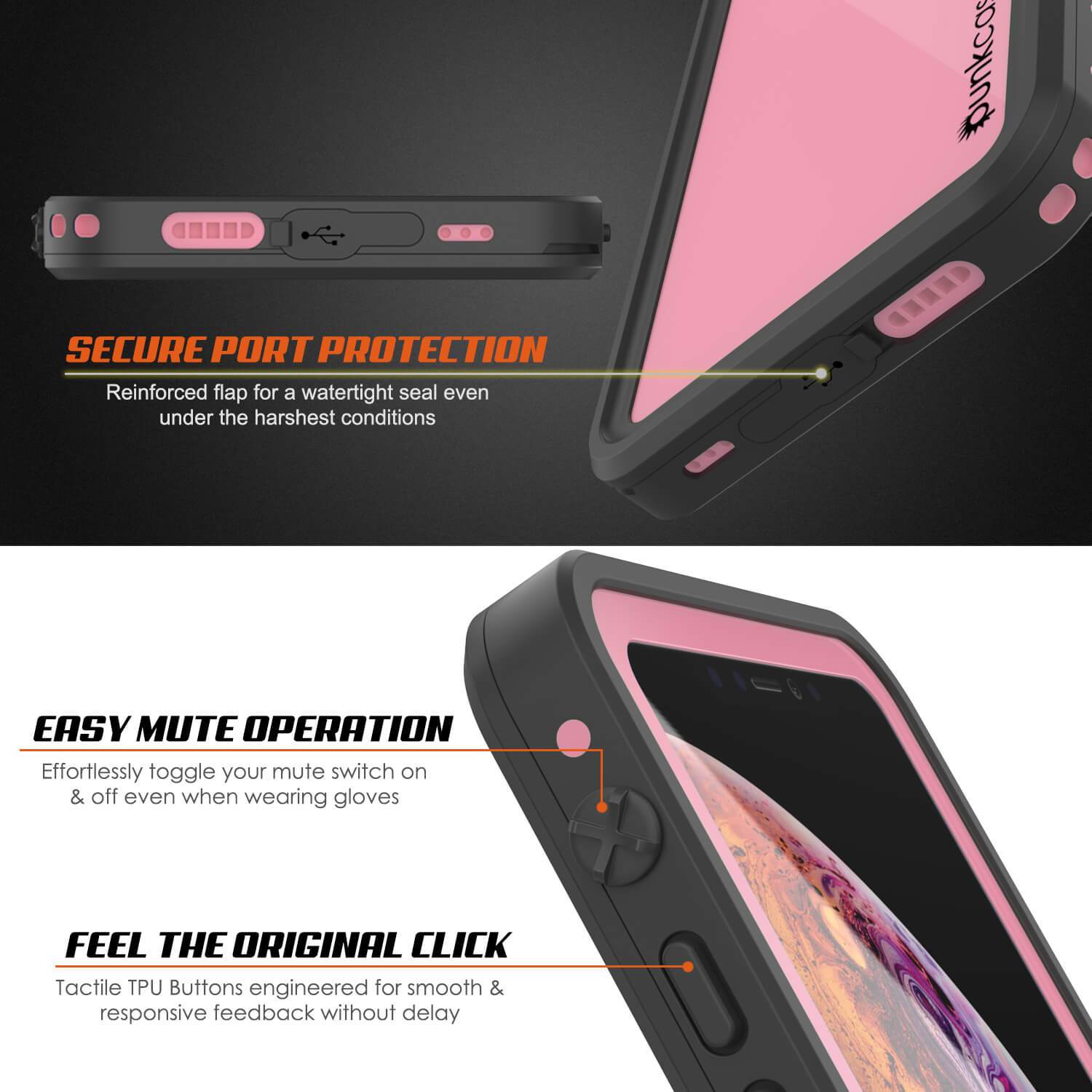 Capa à prova d'água IP68 para iPhone XR, Punkcase [Rosa] [Série StudStar] [Ajuste Slim] [À prova de sujeira]