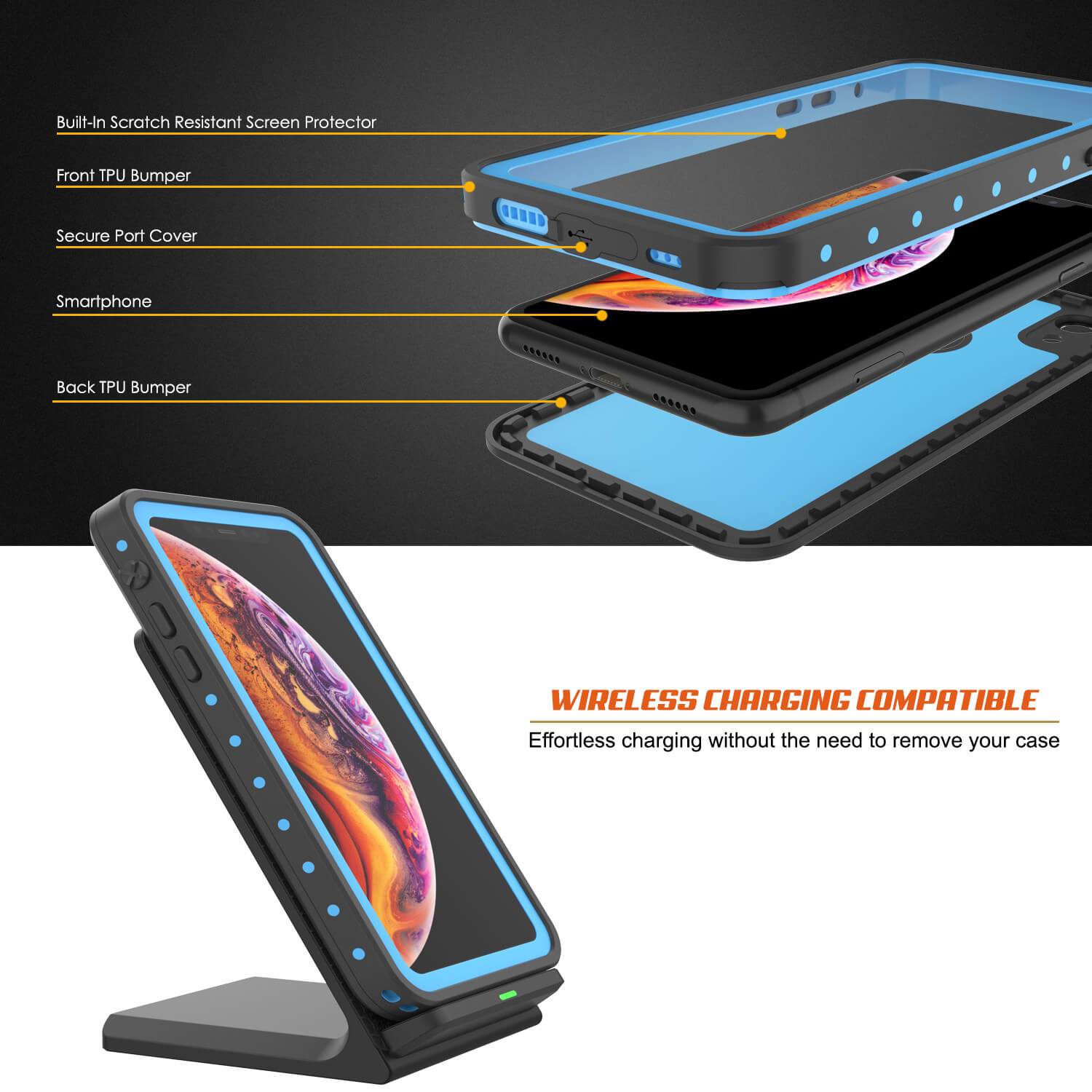 Capa à prova d'água IP68 Punkcase para iPhone XR, [Azul claro] [Série StudStar] [Ajuste fino] [À prova de sujeira]
