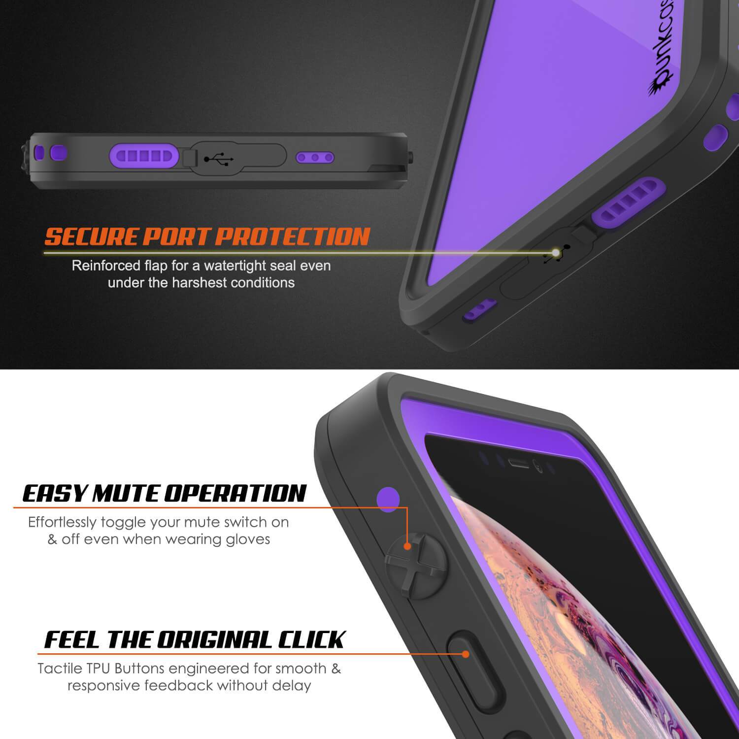 Capa à prova d'água IP68 para iPhone XR, Punkcase [Roxa] [Série StudStar] [Ajuste Slim] [À prova de sujeira]