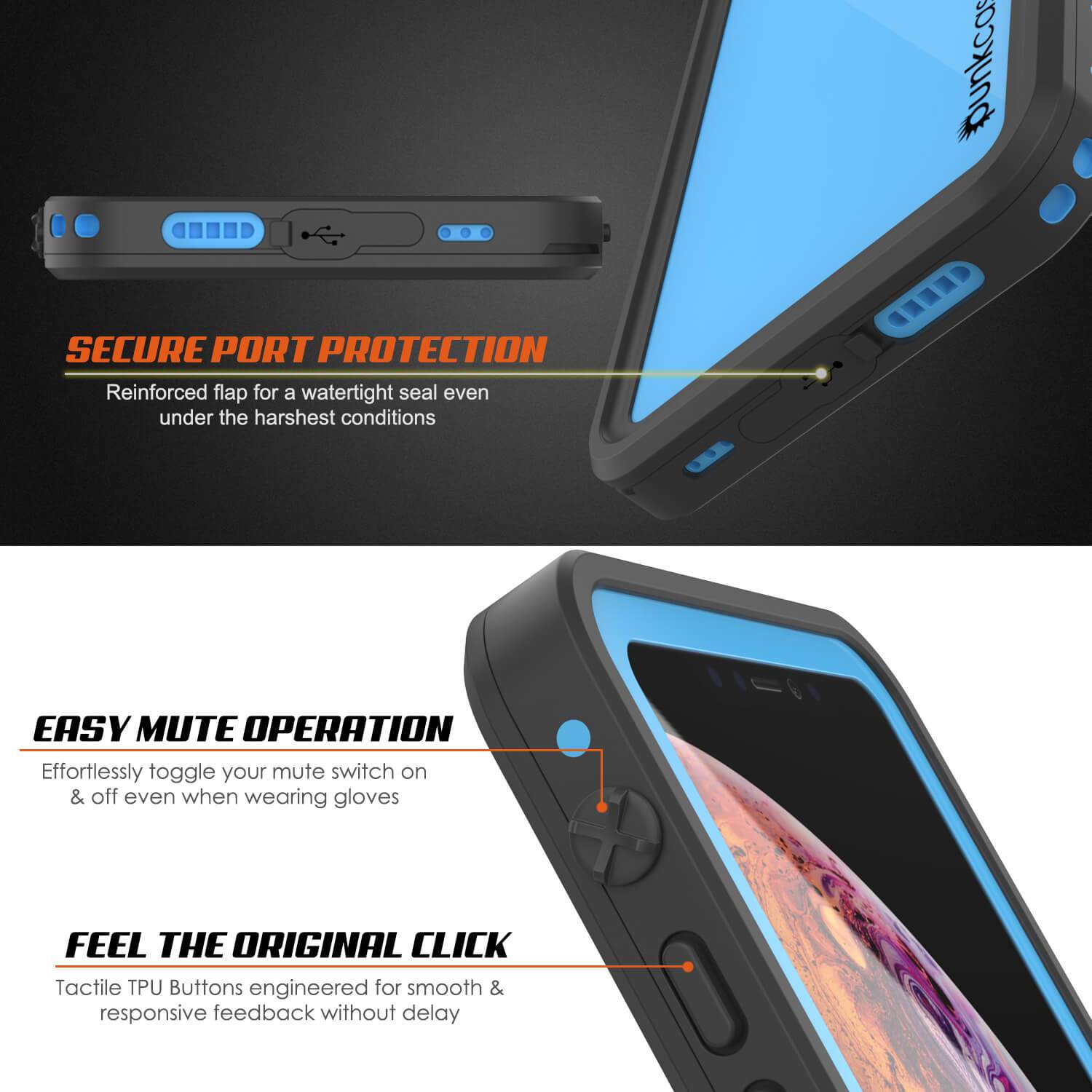 Capa à prova d'água IP68 Punkcase para iPhone XR, [Azul claro] [Série StudStar] [Ajuste fino] [À prova de sujeira]