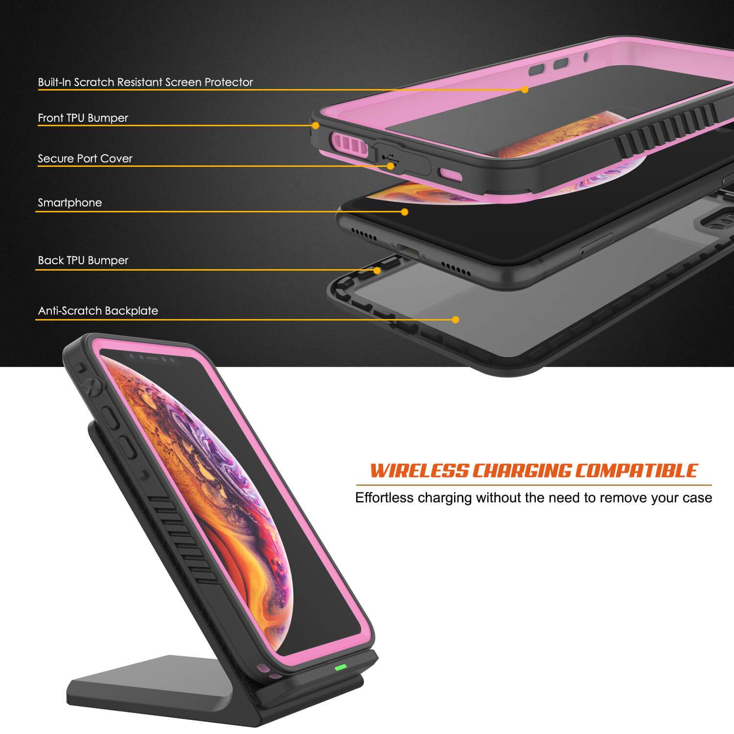 Capinha impermeável para iPhone XS, Punkcase [Série Extreme] Capinha de armadura com protetor de tela embutido  [Rosa]