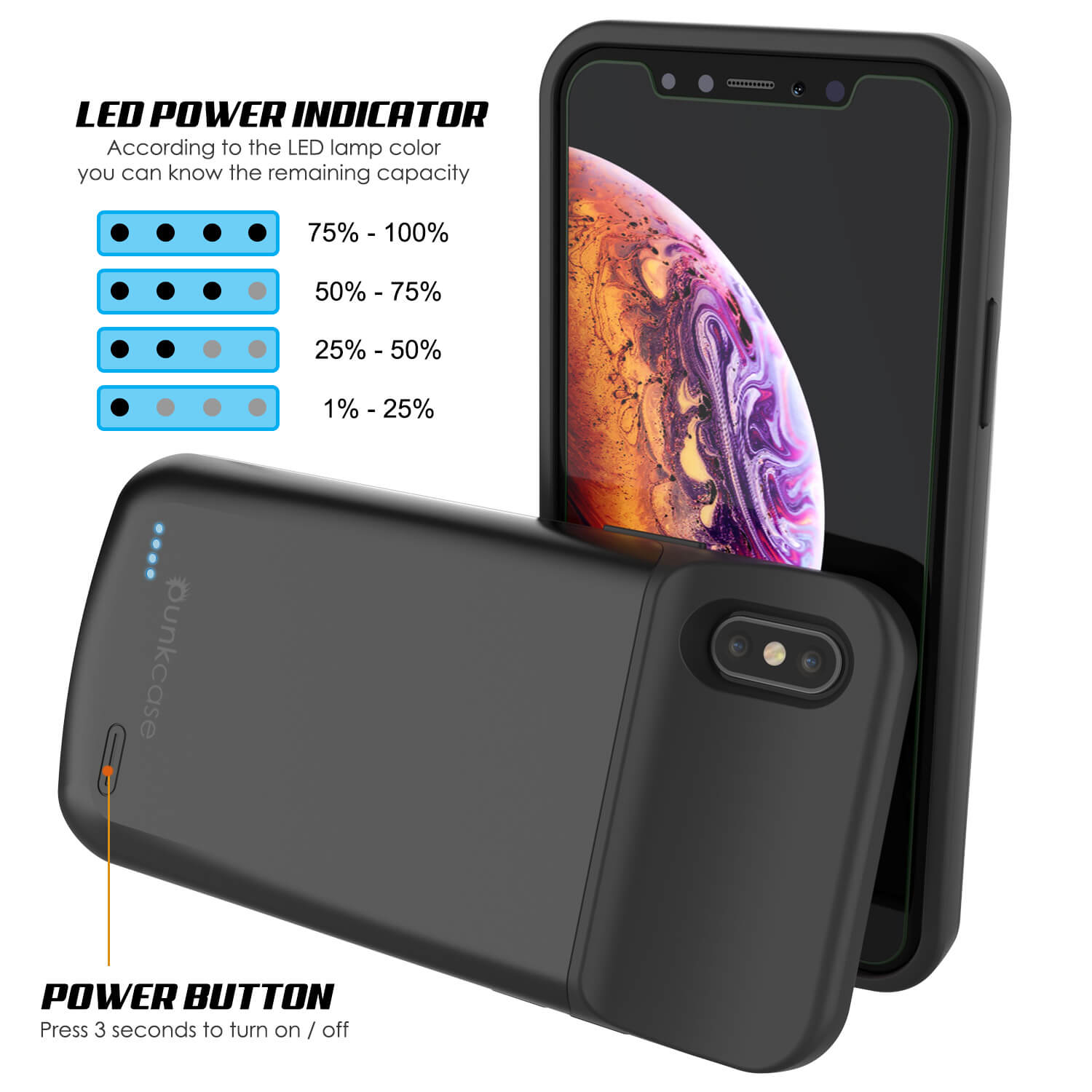 Capa de bateria para iPhone Xs Max, PunkJuice 5000mAH Power Bank de Carregamento Rápido com Protetor de Tela | [Preto]