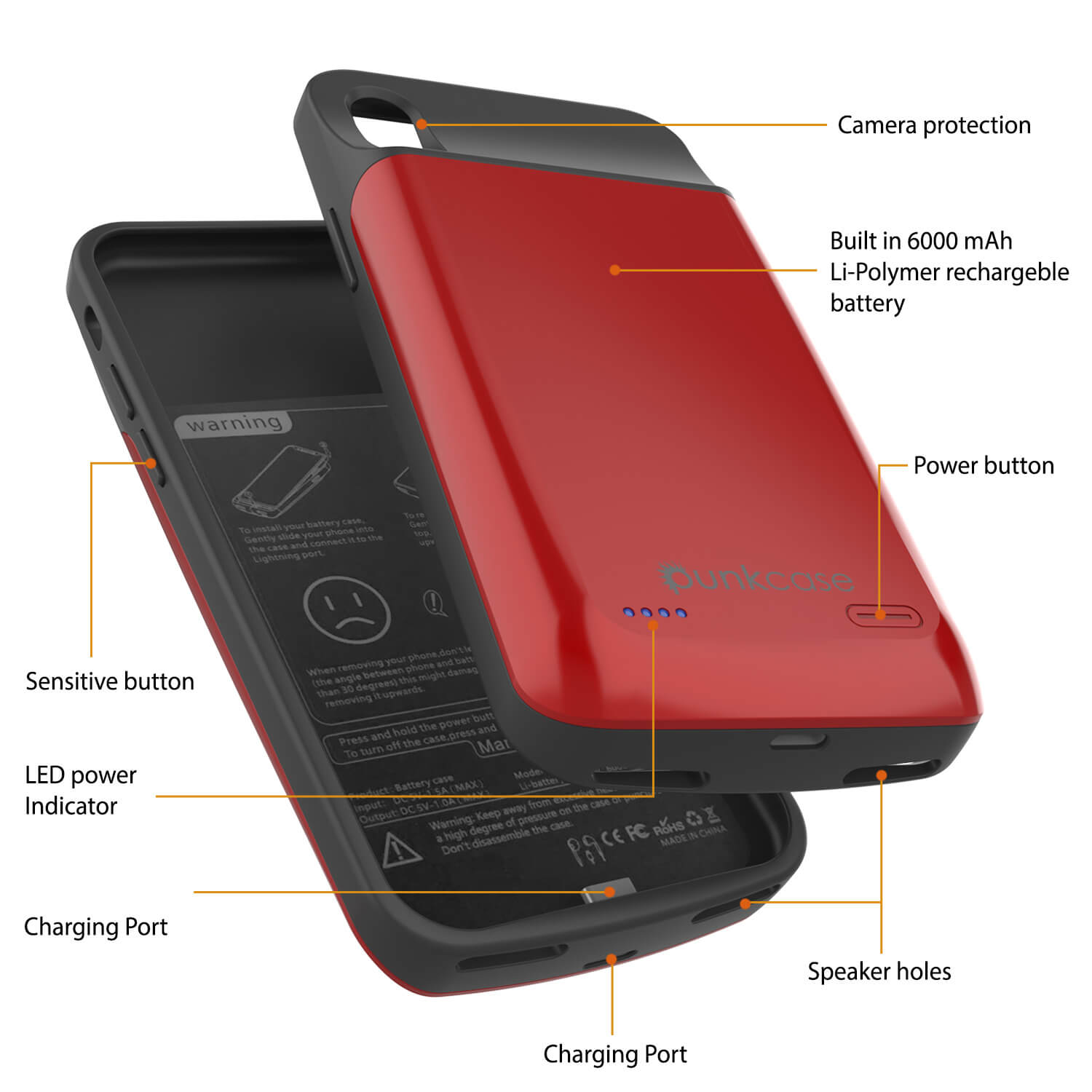 Capa da bateria para iPhone XS Max, PunkJuice 5000mAH Power Bank de Carregamento Rápido com Protetor de Tela | [Vermelho]