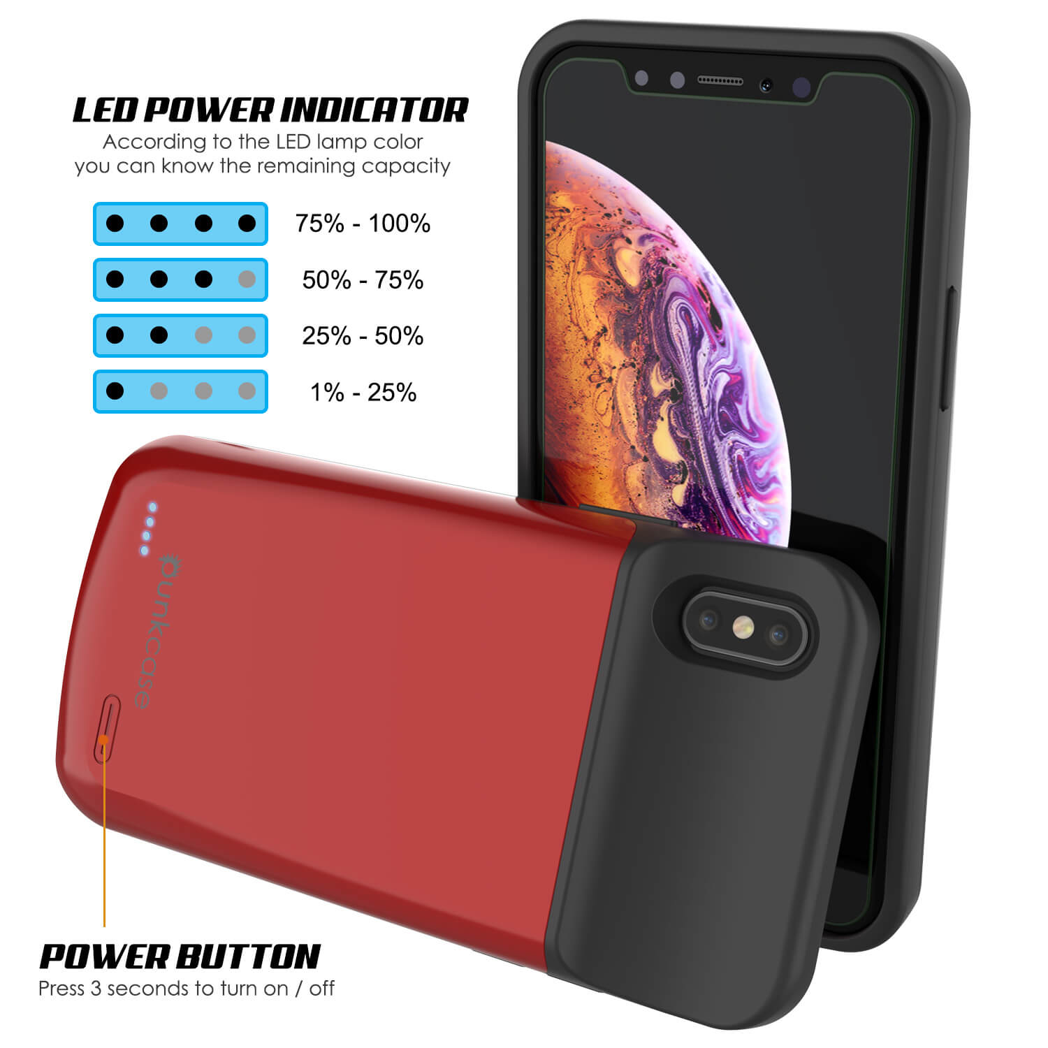 Capa da bateria para iPhone XS Max, PunkJuice 5000mAH Power Bank de Carregamento Rápido com Protetor de Tela | [Vermelho]