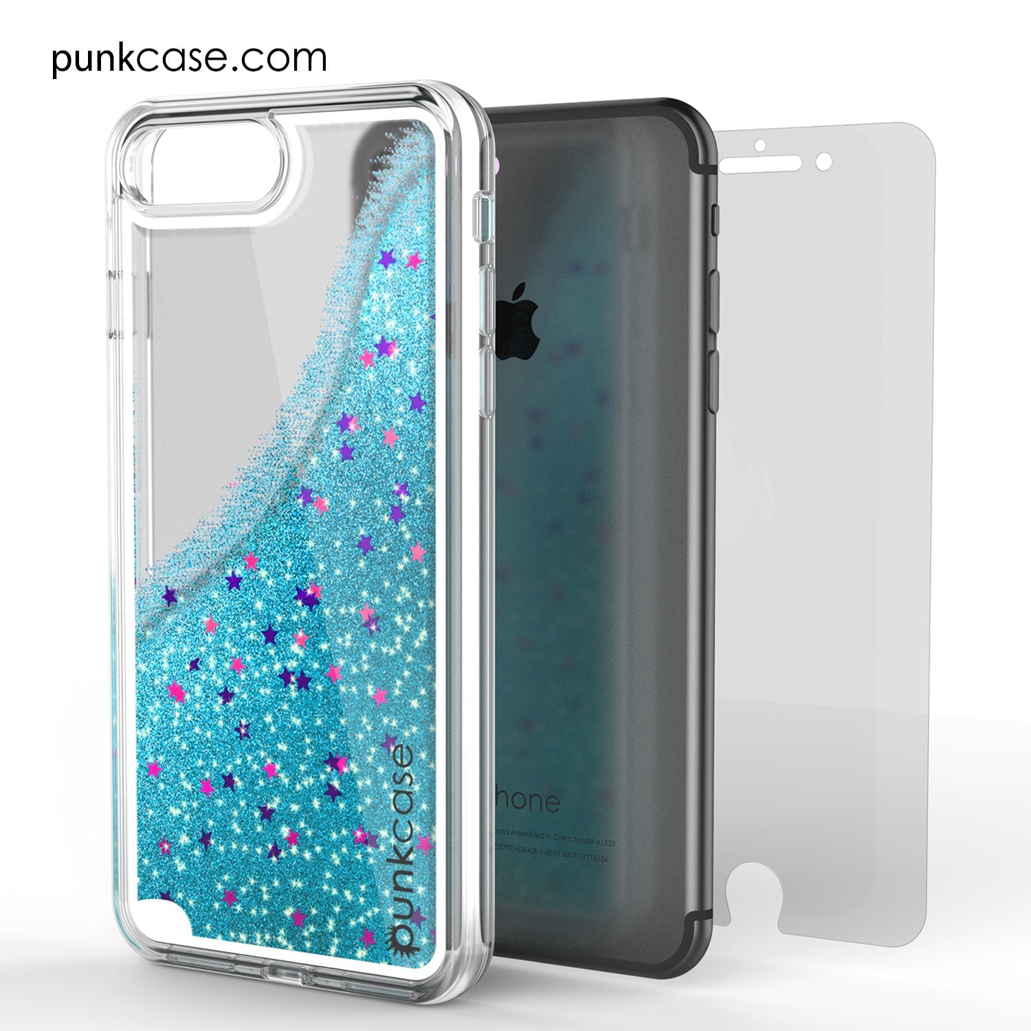 Capa iPhone 7 Plus, Série PunkCase LIQUID Teal, Cobertura Protetora de Camada Dupla com Glitter Flutuante