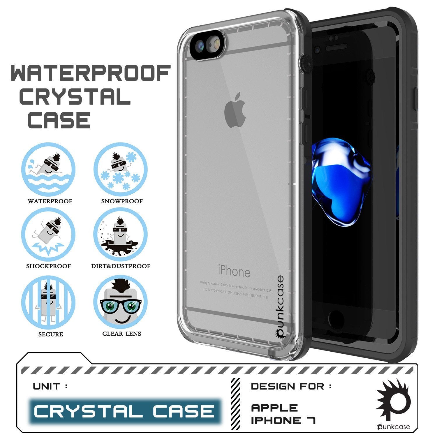 Capa à prova d'água para Apple iPhone 7, PUNKcase CRYSTAL Preto com Protetor de Tela Acoplado | Garantia