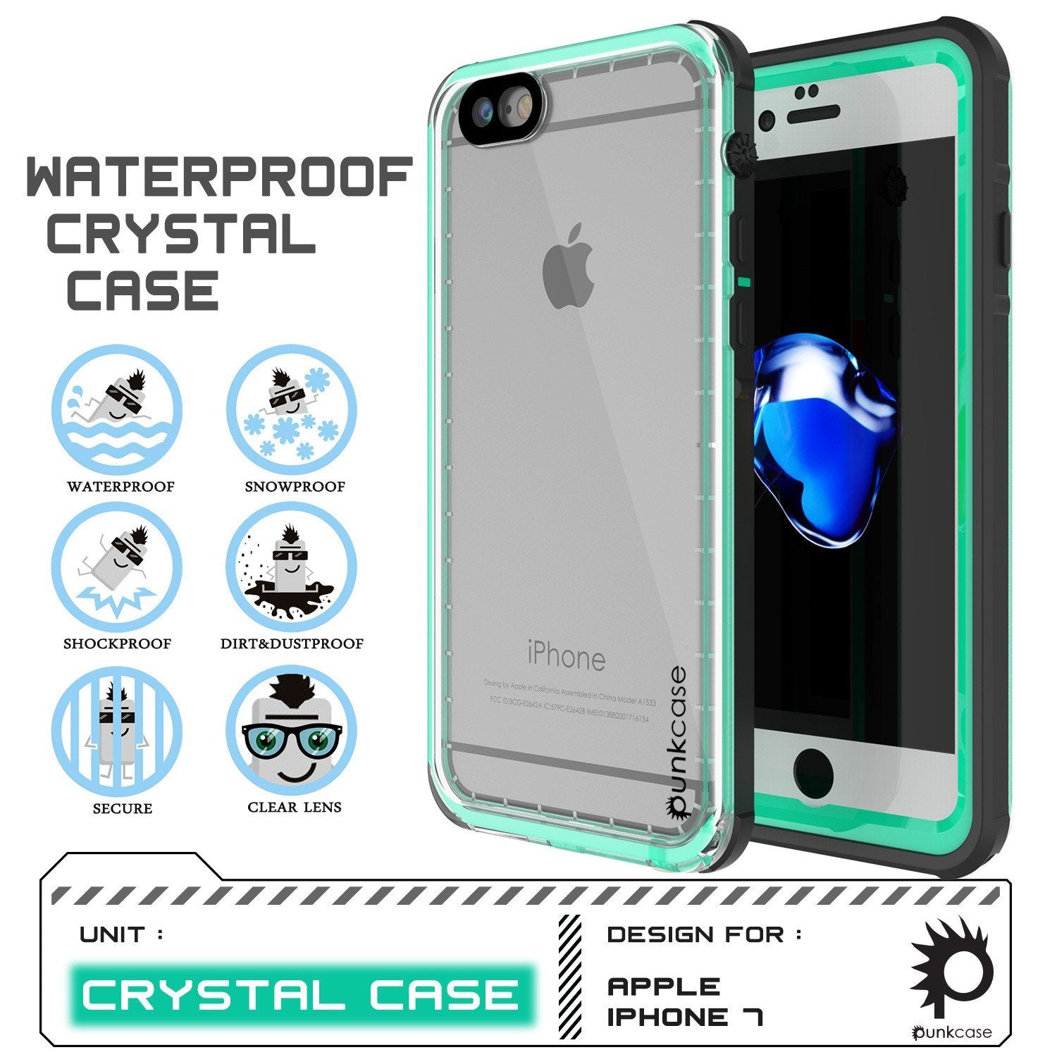 WATERPROof CRYSTAL CASE ww ss Zs WATERPROOF SNOWPROOF (4 S he bn SHOCKPROOF DIRT&DUSTPROOF Wao YY CLEAR LENS UNIT  (Color in image: Teal)