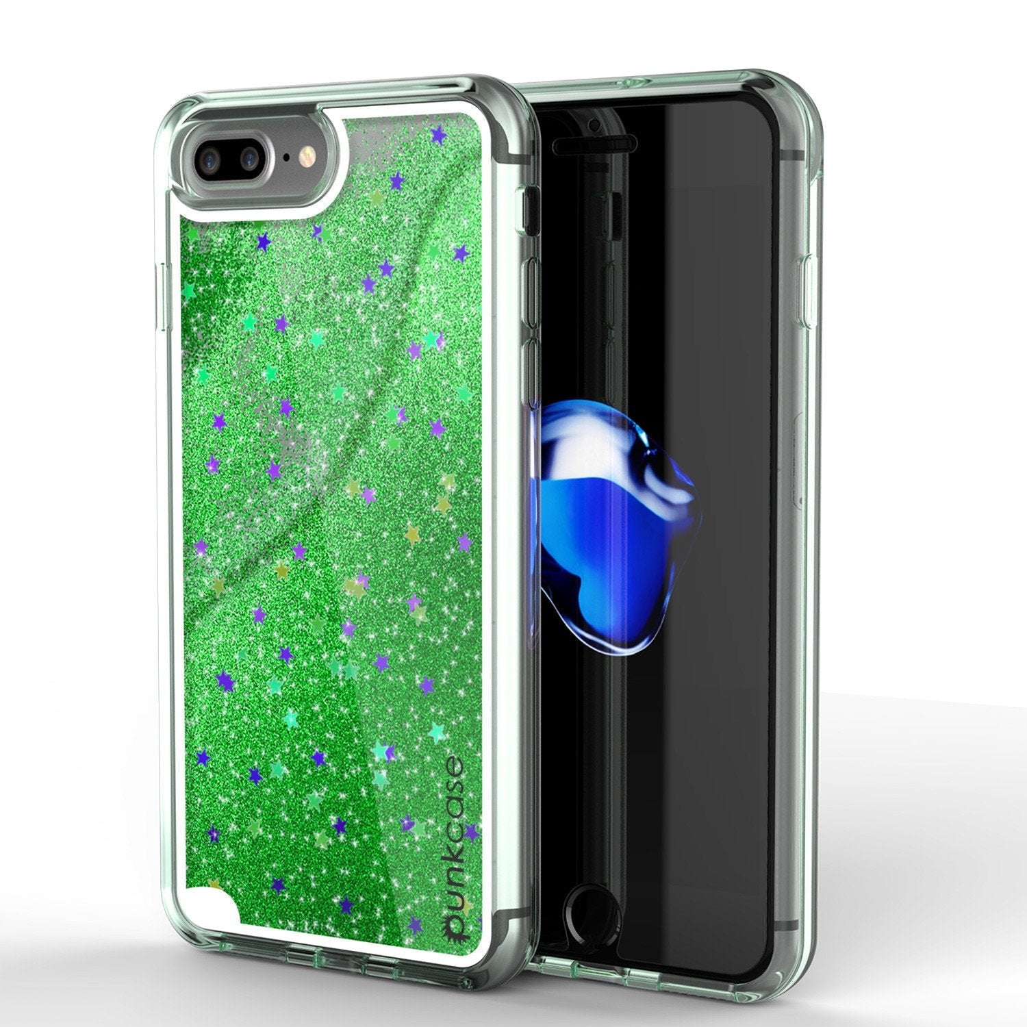Capa iPhone 8+ Plus, Série PunkCase LIQUID Green, Capa Protetora de Camada Dupla com Glitter Flutuante