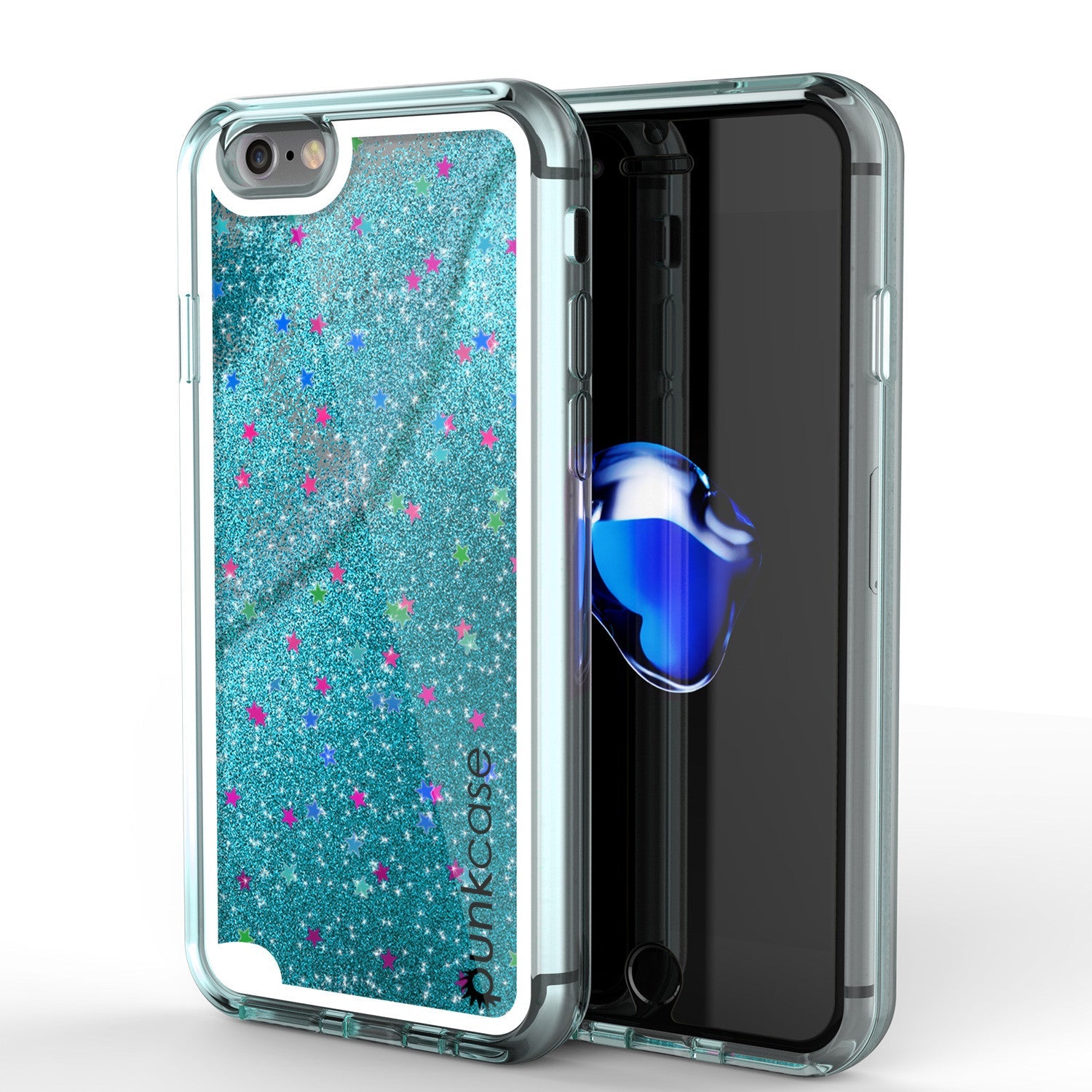 Capa iPhone 7, Série PunkCase LIQUID Teal, Capa Protetora de Camada Dupla com Glitter Flutuante