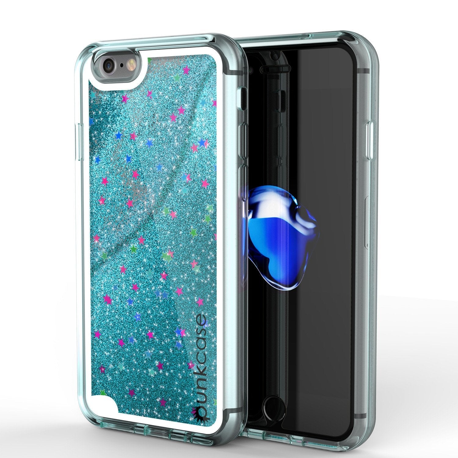 Capa iPhone 8, Serie PunkCase LIQUID Teal, Capa Protetora de Camada Dupla com Glitter Flutuante
