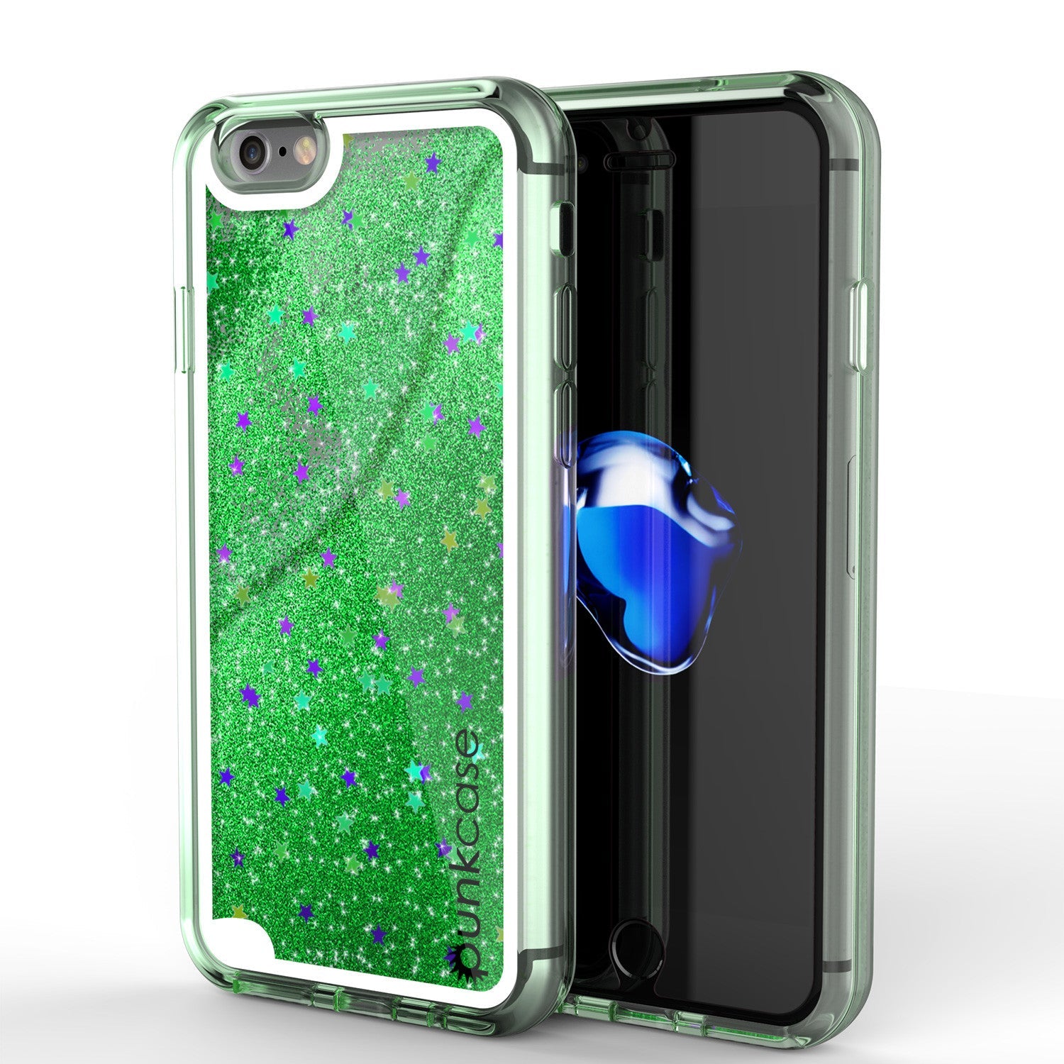 Capa do iPhone 7, Série PunkCase LIQUID Verde, Capa Protetora de Camada Dupla Flutuante com Glitter