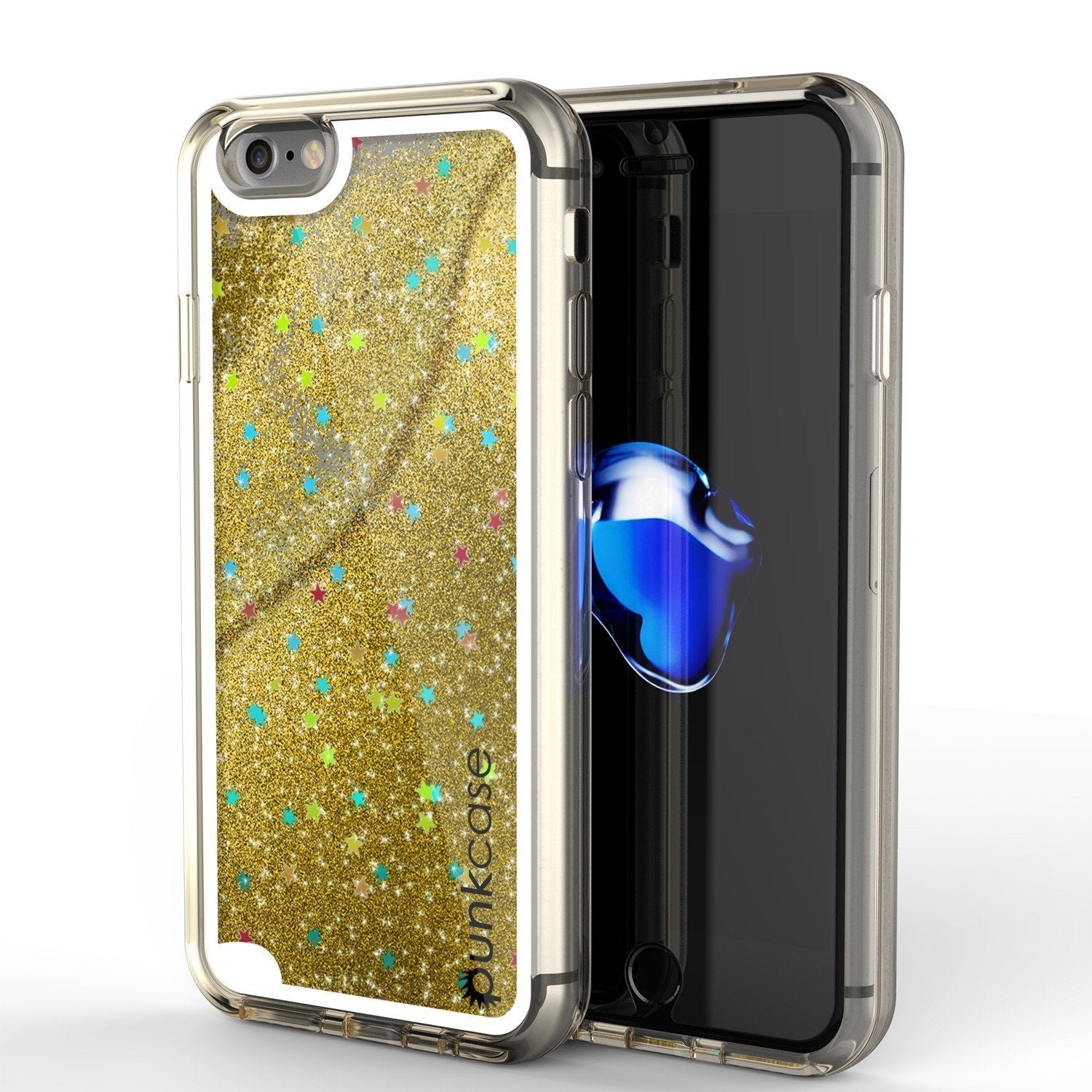 Capa para iPhone SE (4.7"), Série PunkCase LIQUID Gold, Capa de Proteção de Camada Dupla com Glitter Flutuante.