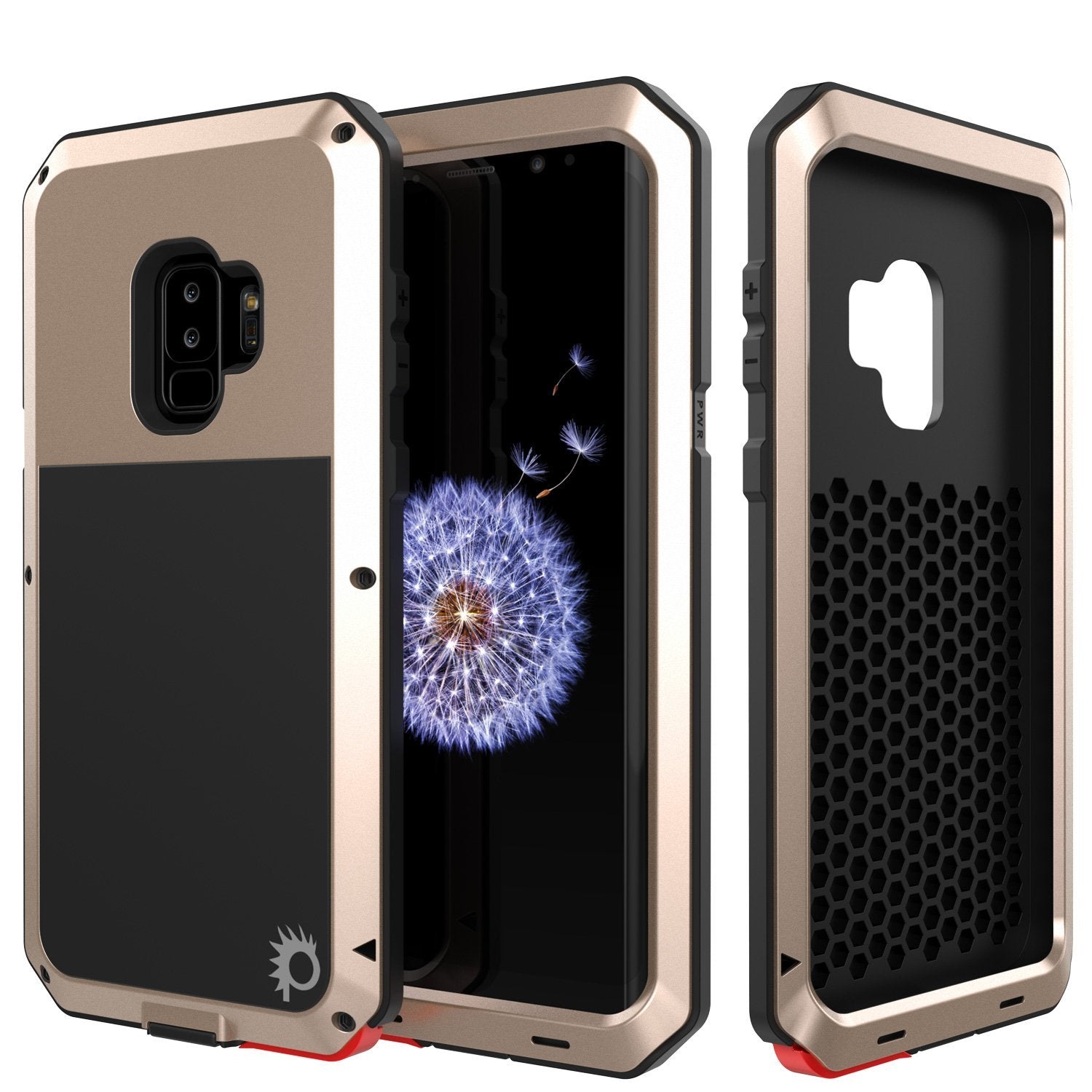 Capa de metal para Galaxy S9 Plus, resistente de grau militar, armadura resistente [à prova de choque] design híbrido de corpo inteiro em alumínio duro e TPU [antiderrapante] com proteção contra quedas W/ Prime para Samsung Galaxy S9 Plus [Dourado]
