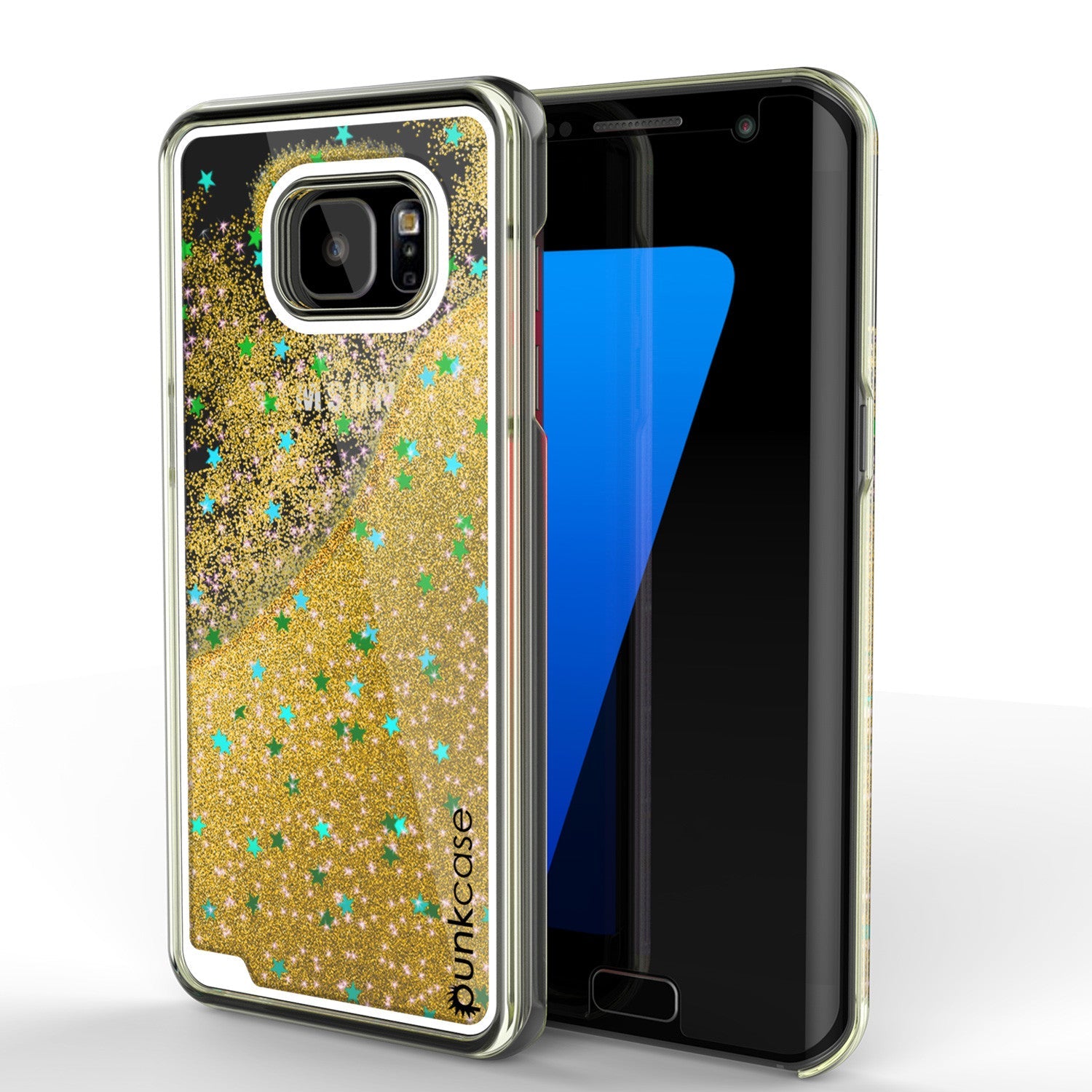 Capa S7 Edge, Punkcase Série Liquid GOLD] Capa protetora de camada dupla com glitter flutuante, muito brilho e brilho + Protetor de tela PunkShield.