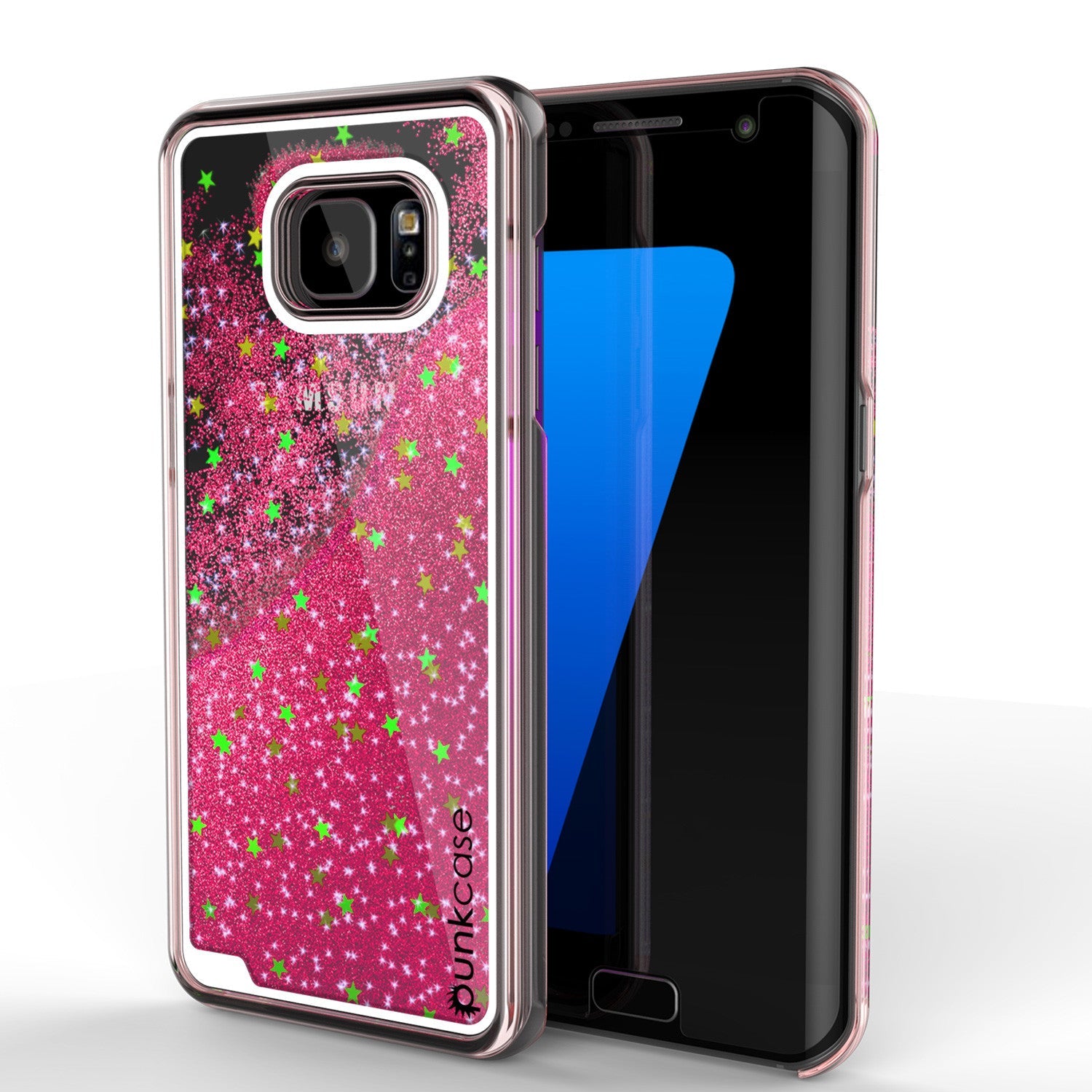 Capa S7 Edge, Série PunkCase LIQUID rosa, Capa protetora de camada dupla com glitter flutuante.